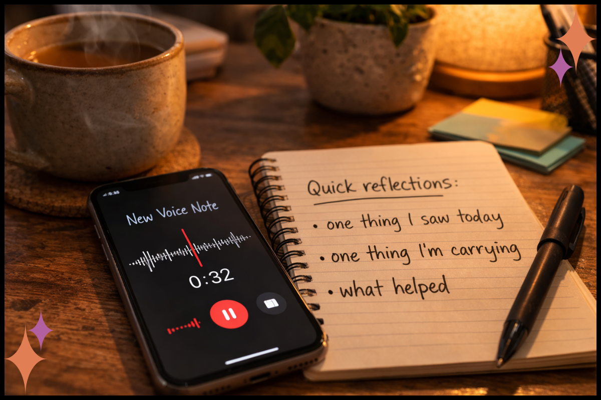 Phone showing a voice note next to a notebook and mug, symbolizing sharing resilience with a trusted colleague.