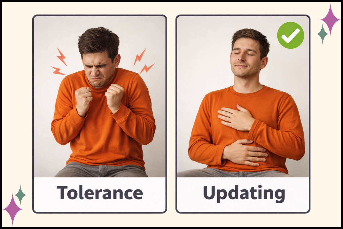 “Somatic Experiencing concept graphic explaining nervous system updating vs increasing tolerance in trauma treatment.”