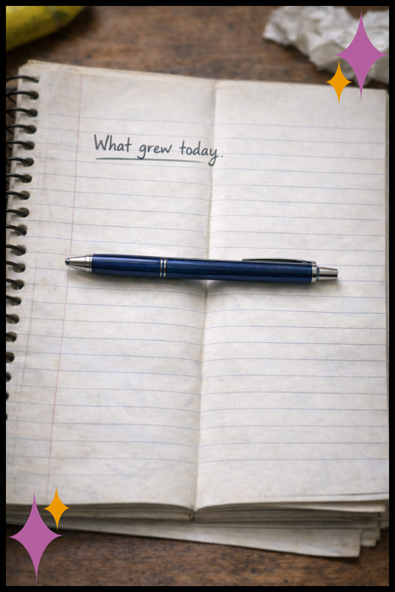 Open notebook page titled what grew today with a pen, representing therapist development over time.