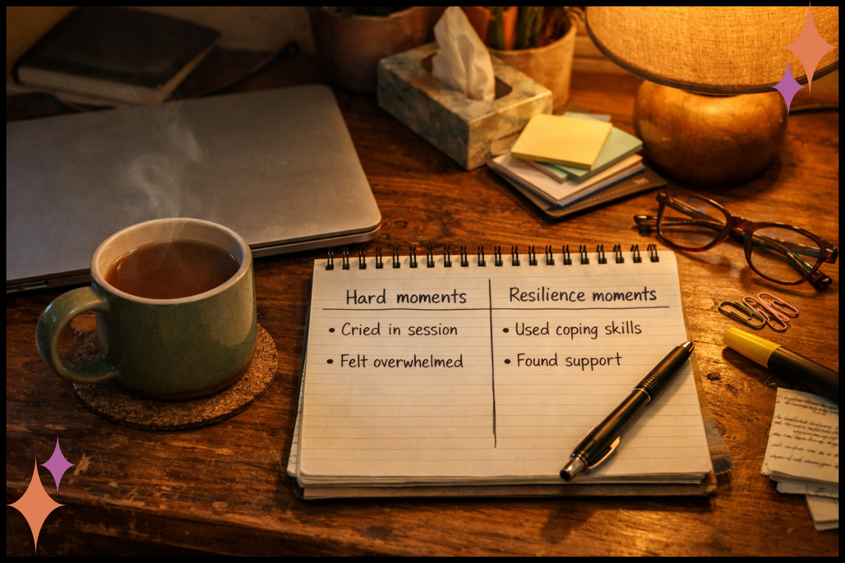 Therapist desk at the end of the day with a notepad listing hard moments and resilience moments next to a closed laptop.