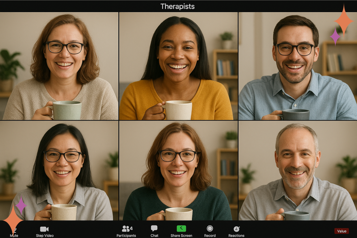 Therapists connecting online, sharing support and community.