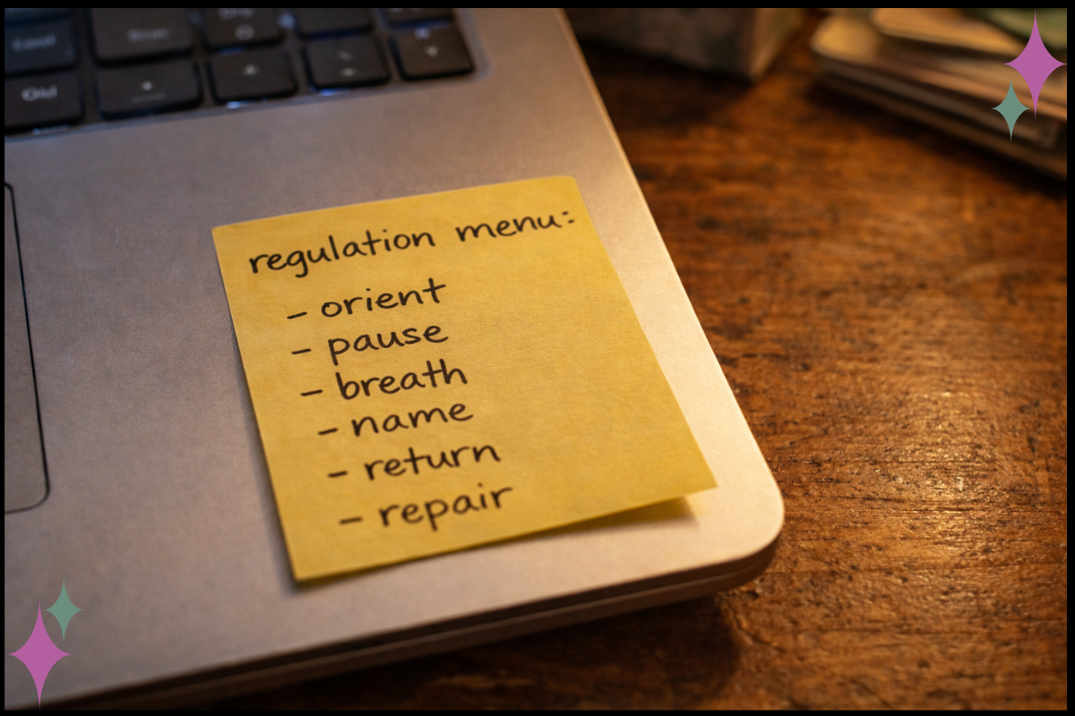 Sticky note with a simple regulation menu listing orient, pause, breath, name, return, repair.