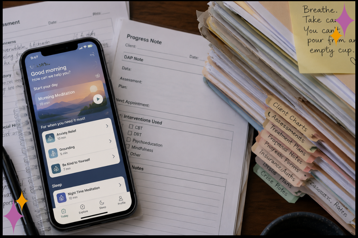 Meditation app on a phone next to a stack of clinical paperwork, illustrating mismatch between wellness programs and therapist workload