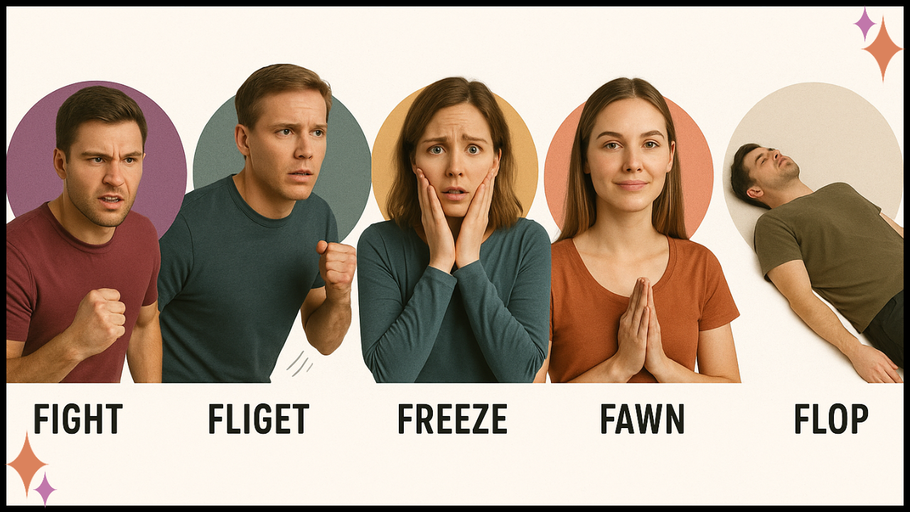 “Trauma biology chart showing fight flight freeze collapse shutdown as nervous system survival responses.”