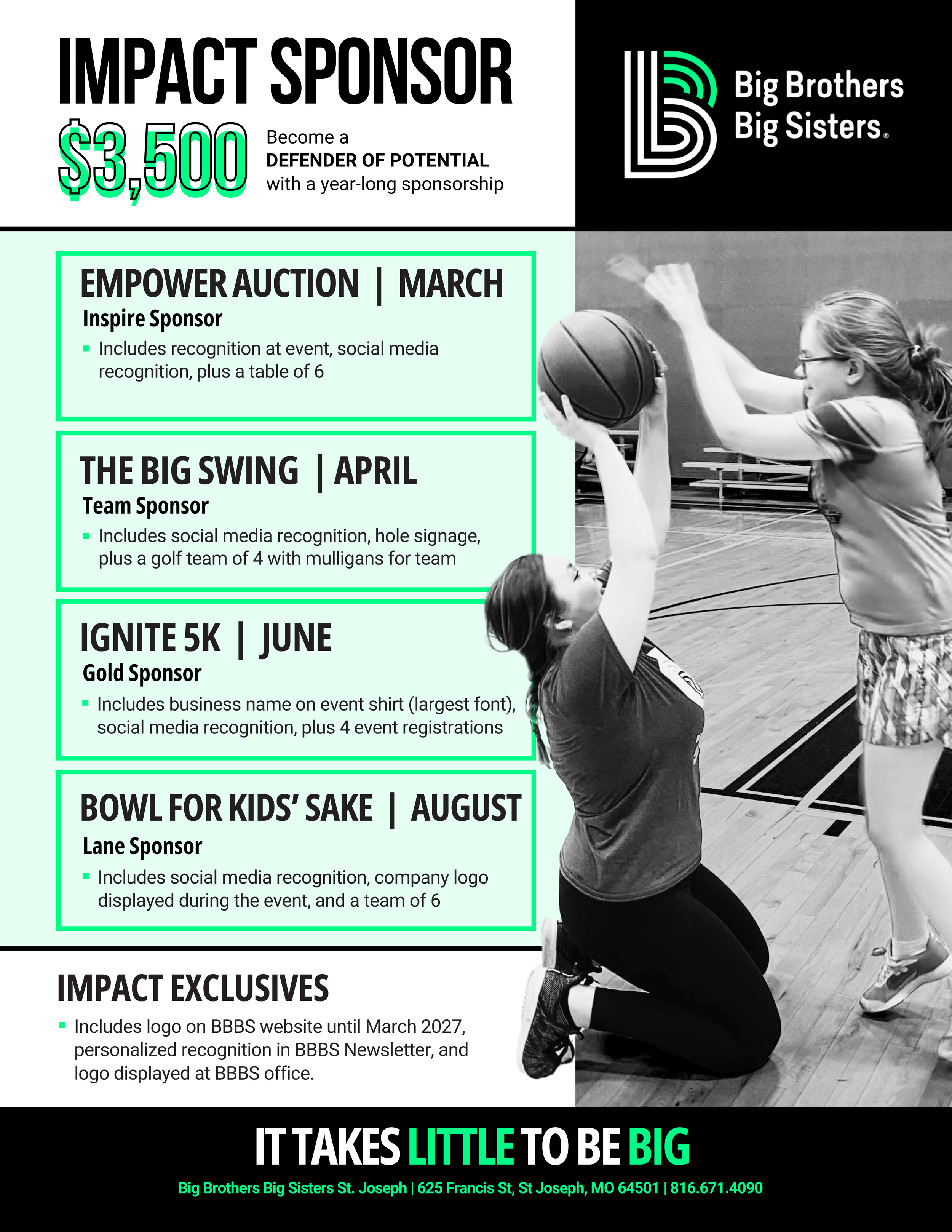 A list of sponsorship opportunities of each Big Brothers Big Sisters St Joe event for the year including Empower Auction, The Big Swing, Ignite 5k and Bow for Kids' Sake acommpanied by a photo of a Big and Little playing basketball.
