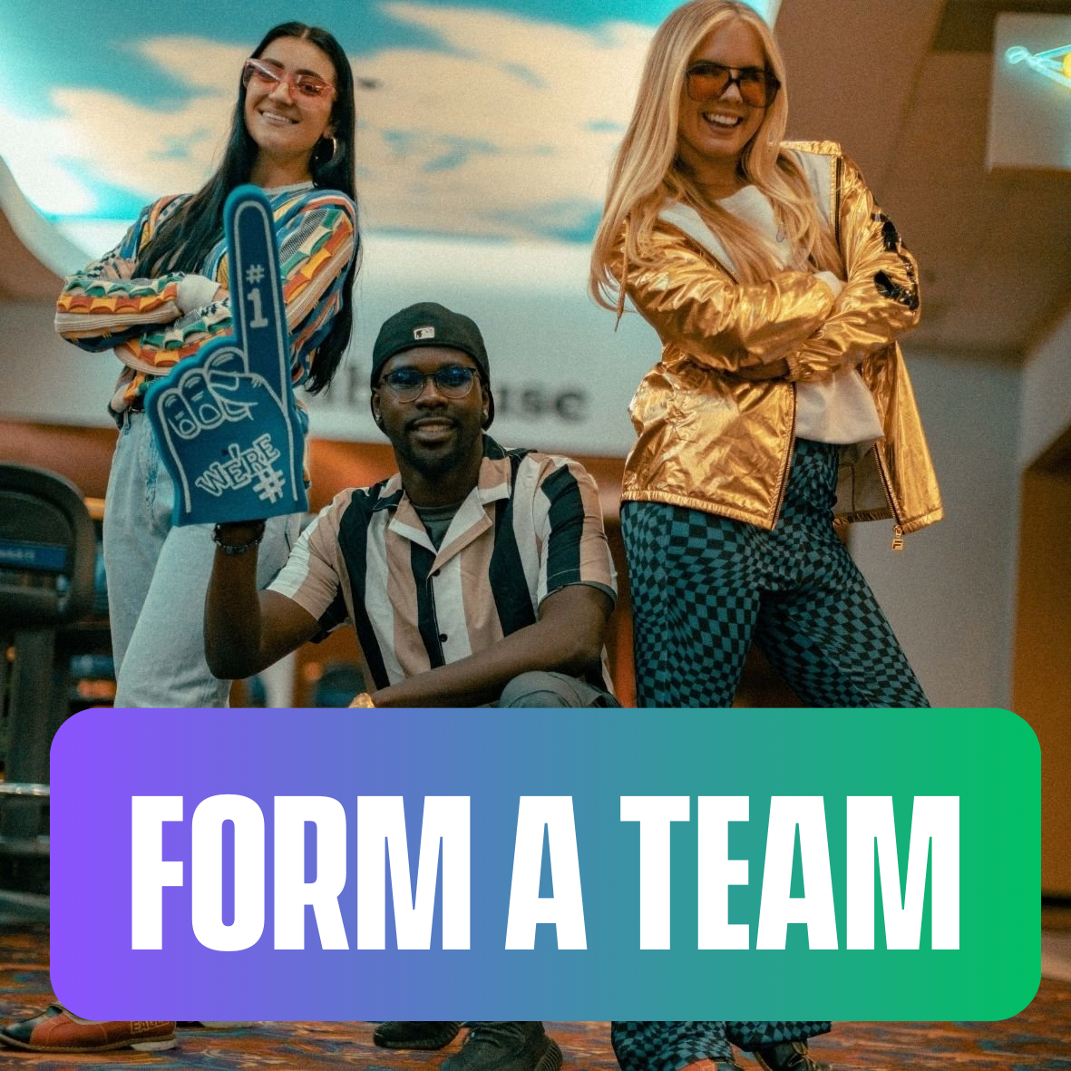 Form A Team image featuring two women and a man with a We're #1 foam finger.