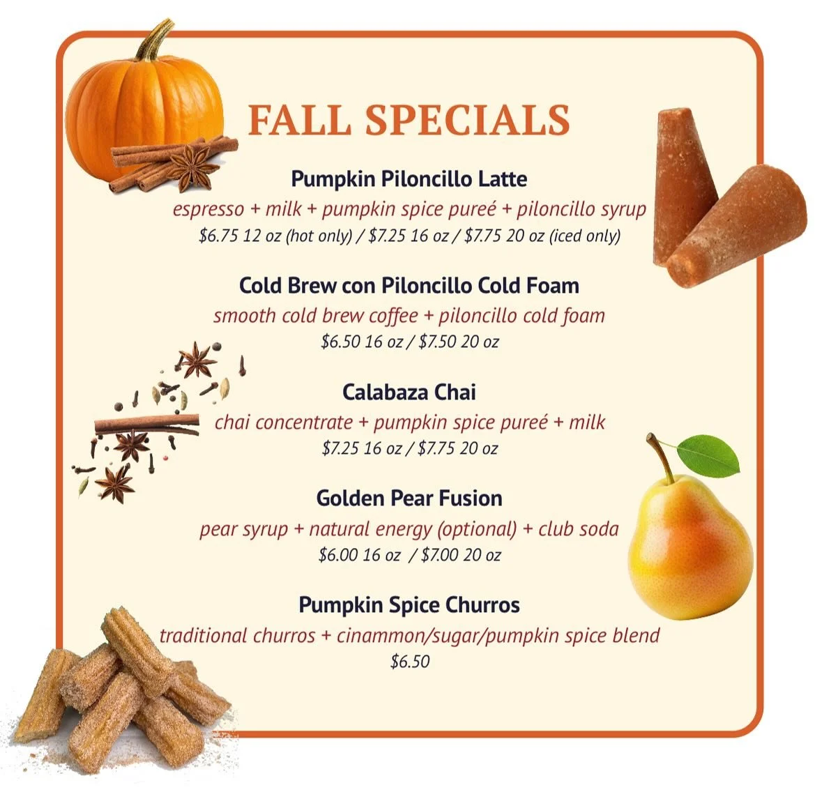 We&rsquo;re in our fall feels over here, rolling out our men&uacute; del oto&ntilde;o 🍁🍂! Warm spices, pumpkin, and pear 🍐 are the featured flavors this season. Try something new at one of our upcoming events, like the Halloween Pet Parade at Volu