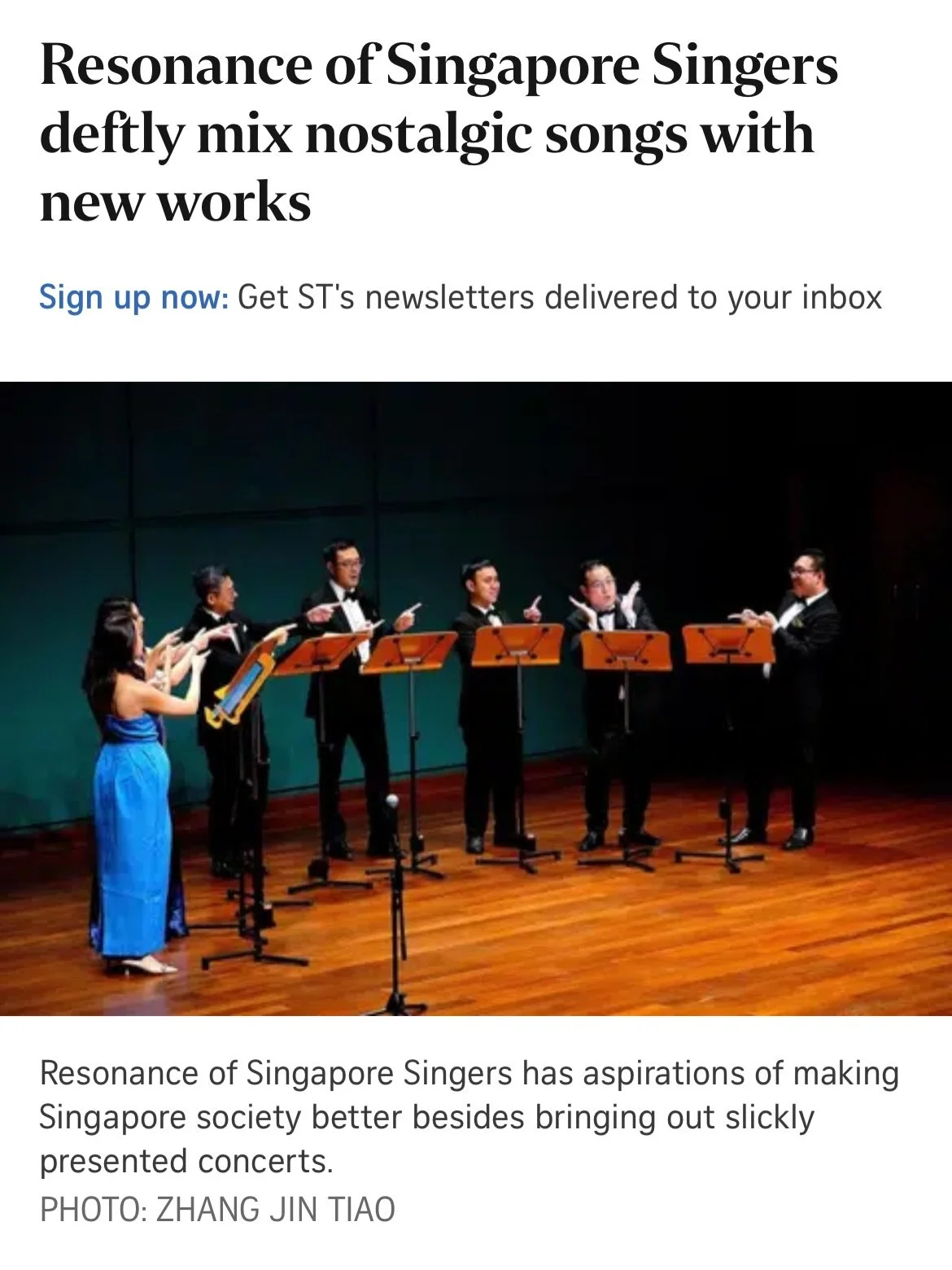 &ldquo;Has there been a better-named vocal consort in Singapore than Resonance of Singapore (ROS) Singers?

Its latest offering, mixing well-known with the new, was another step in the right direction.

Toh&rsquo;s creations are sophisticated, challe