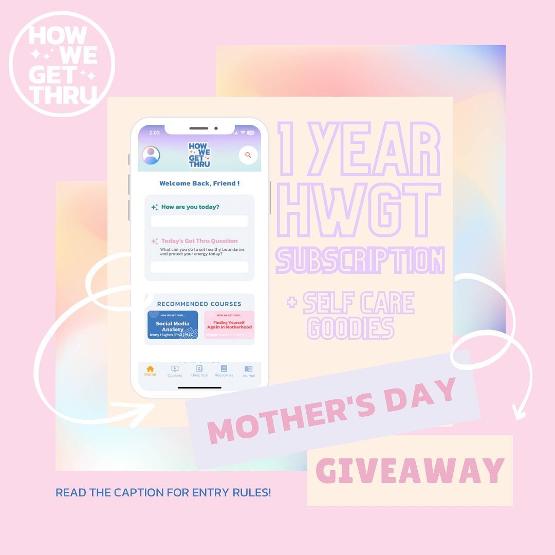 🎉 GIVEAWAY ALERT! 🎉 In honor of Mother's Day, we're giving away a 1-year subscription to the How We Get Thru app and some amazing self-care goodies! 😍 

To enter, all you have to do is:
✨follow @HowWeGetThru on Instagram
✨share this post to your s