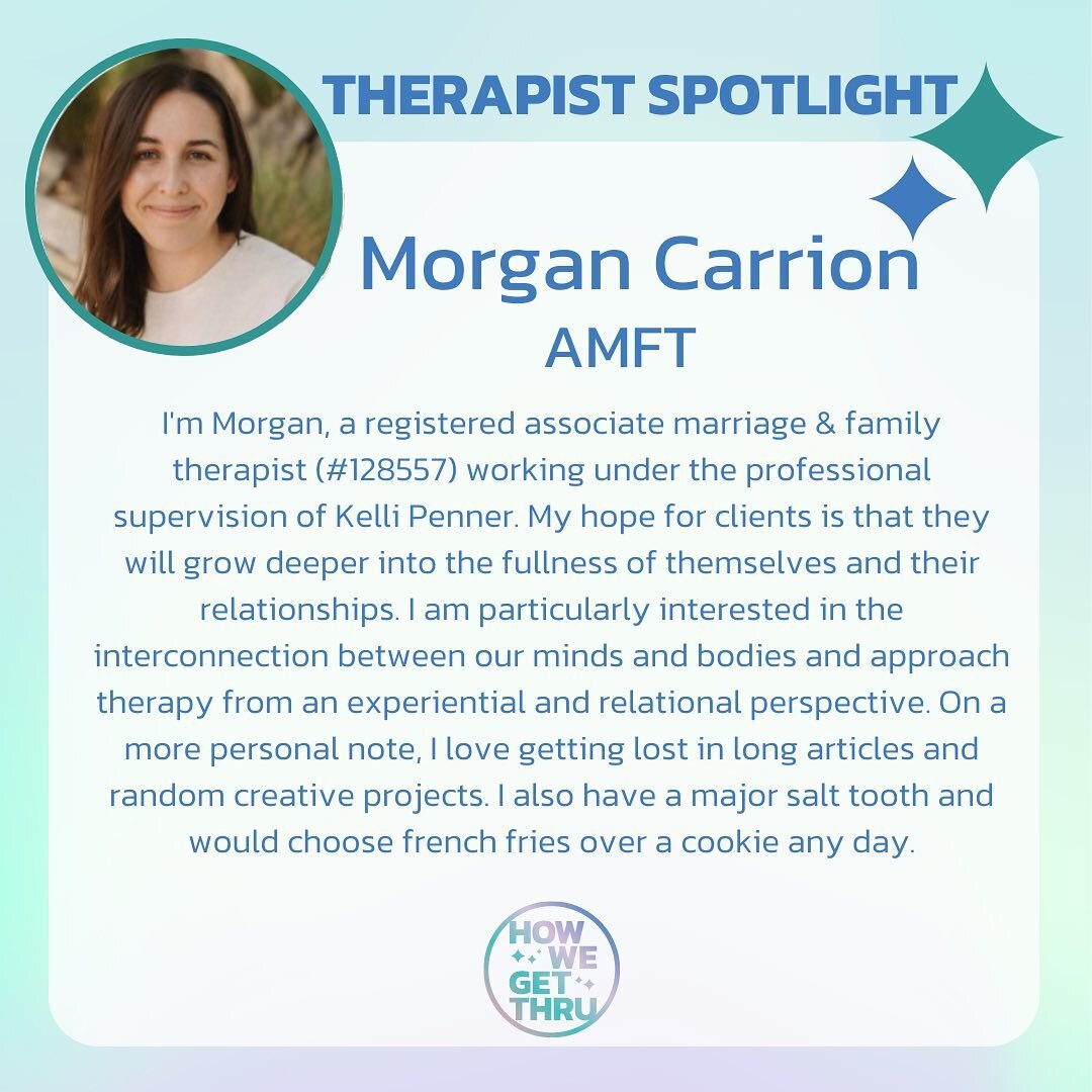 👋 Meet Morgan Carrion AMFT! 🎉 

Morgan is a registered associate marriage and family therapist, based in California, who will lead you thru her course, &ldquo;Finding Yourself Again in Motherhood&rdquo; and she is the first guest on How We Get Thru