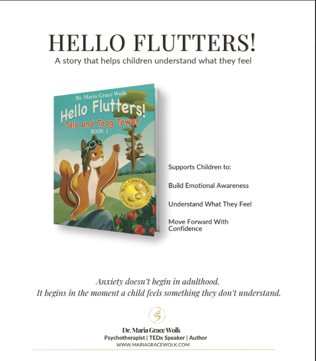 Cover of a children's book titled "Hello Flutters!" showing an animated squirrel wearing goggles, standing on a rock next to a tree, with green hills and mountains in the background.