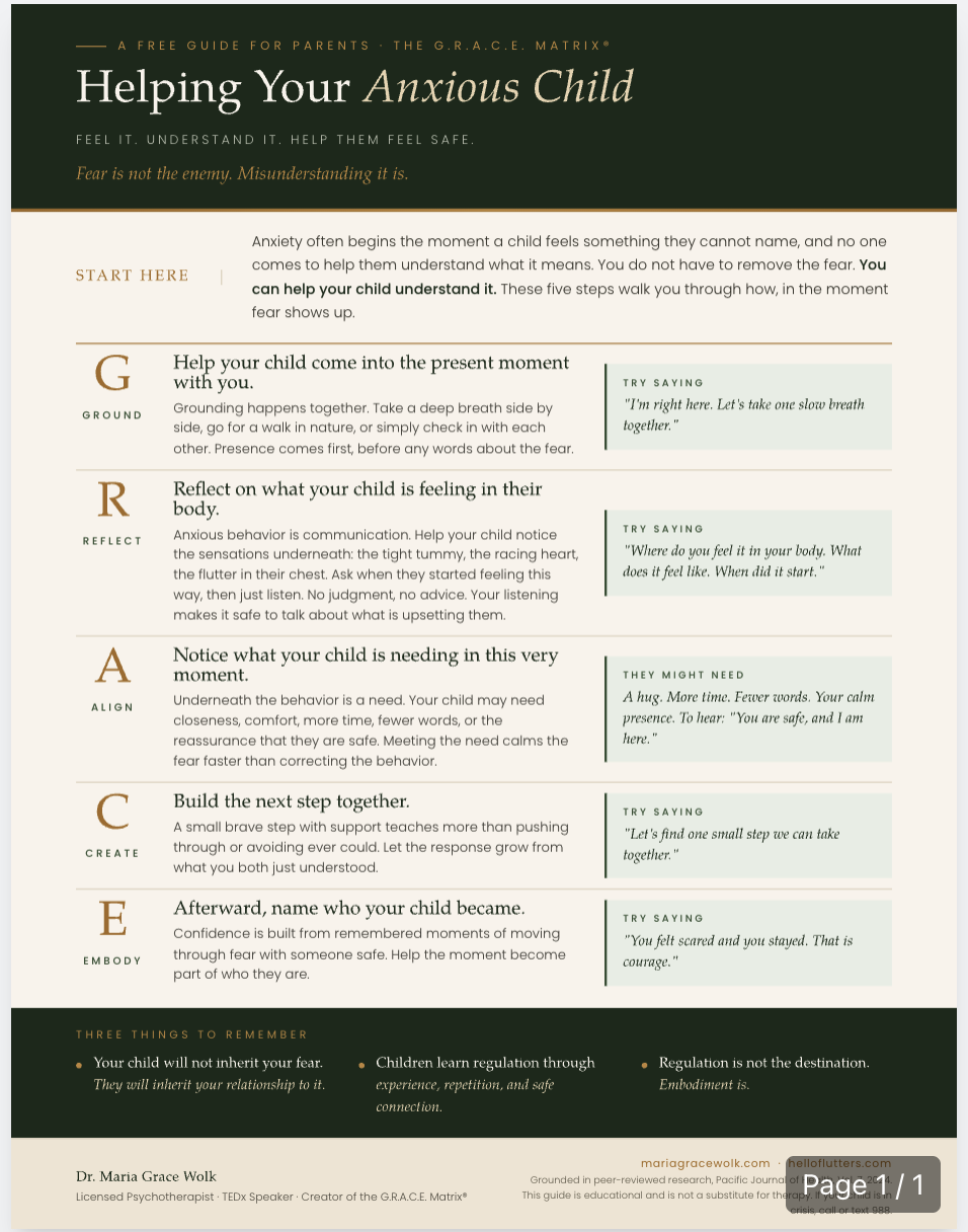 Guide titled 'Helping Your Anxious Child' with five steps: Ground, Reflect, Align, Create, Embody, and tips for parents, authored by Dr. Maria Grace Wolk.