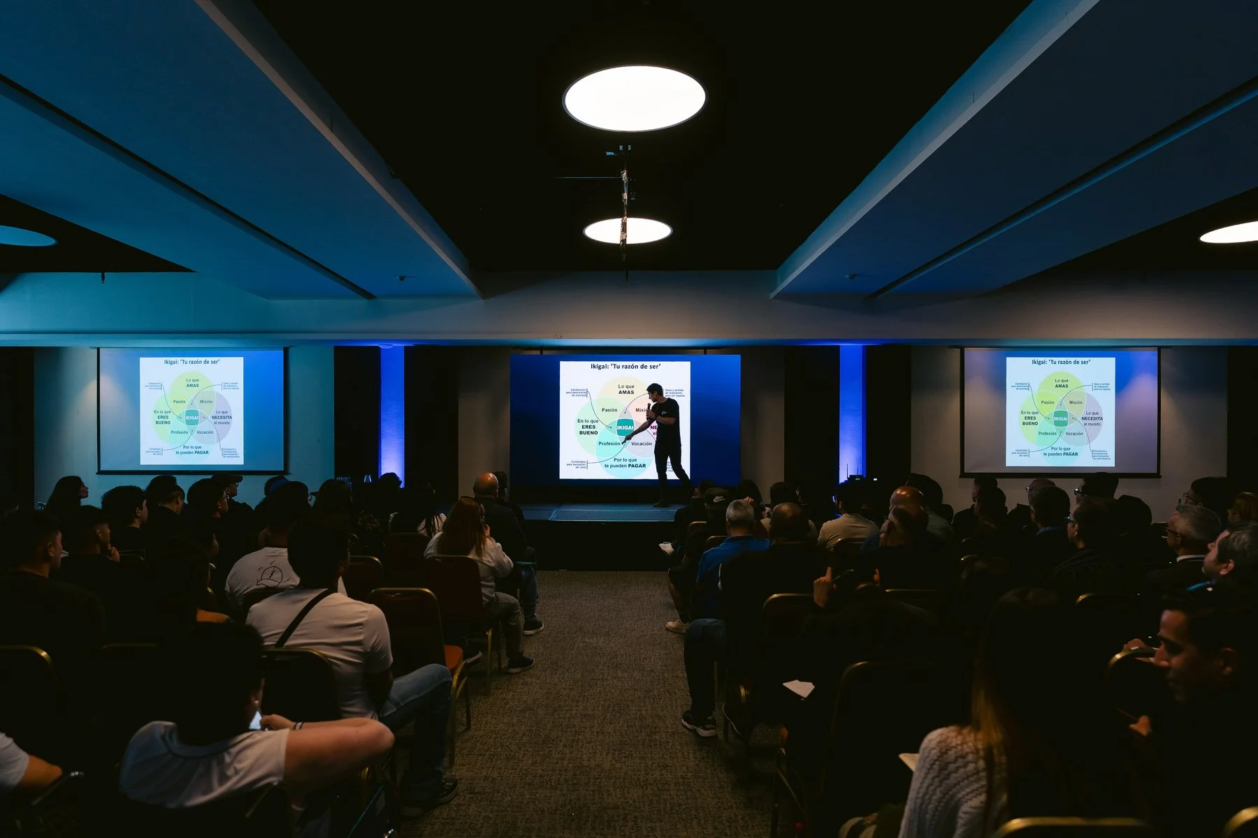Una conferencia con una audiencia sentada vista desde atrás, en el escenario hay una persona dando una presentación con una pantalla grande que muestra un diagrama circular con texto en español.