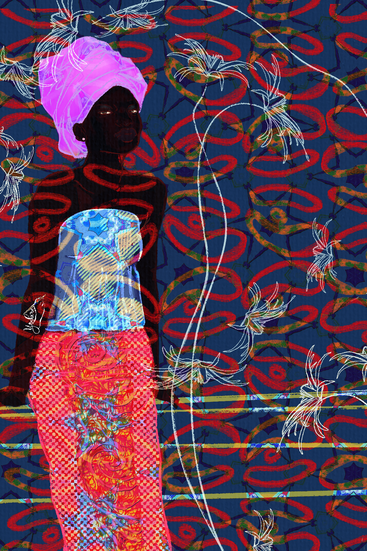 A digitally manipulated image of a woman with dark skin wearing a lavender head wrap, a strapless top with star and geometric designs, and a patterned skirt with swirling motifs. The background is filled with colorful floral and abstract patterns wit