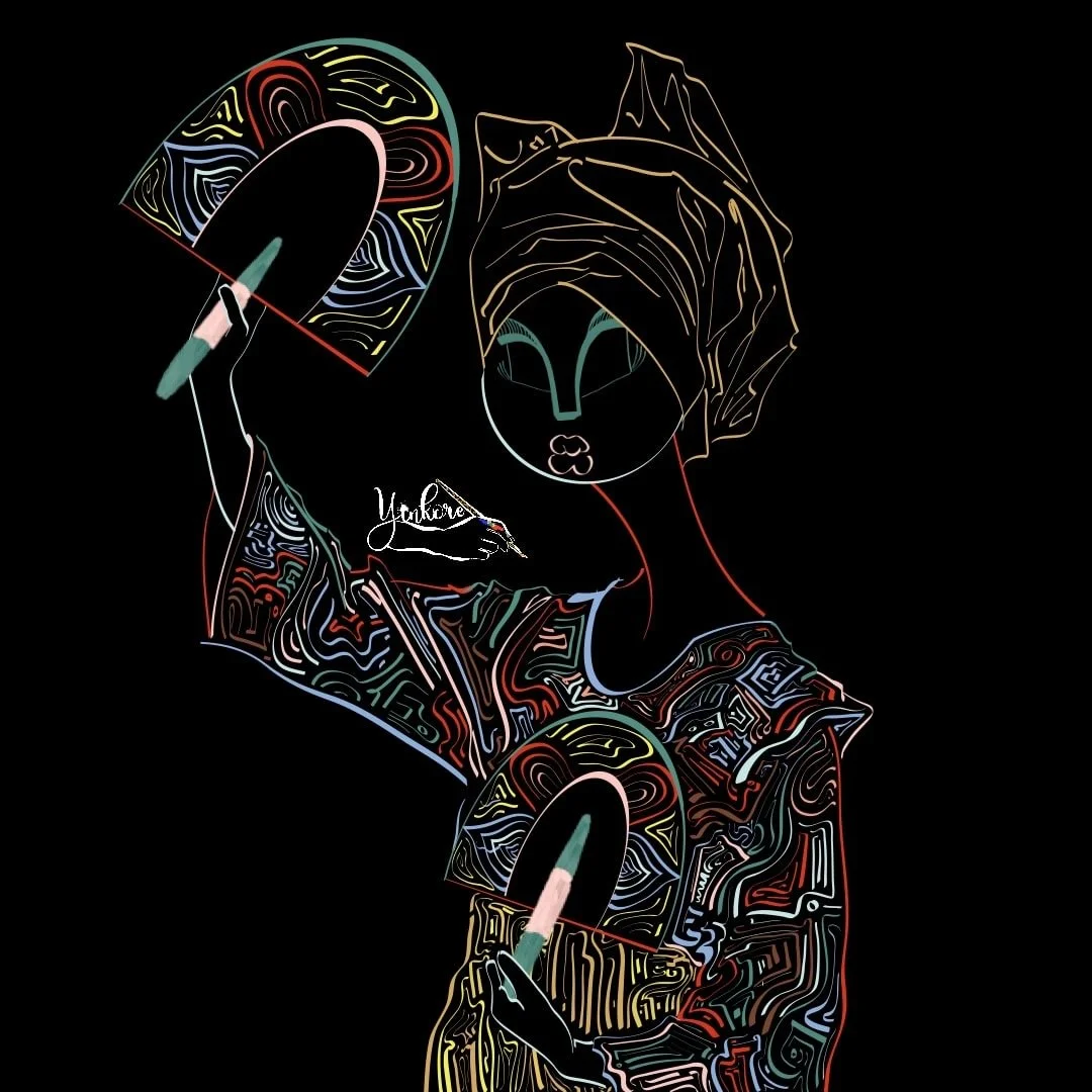 A colorful neon line art illustration of a woman wearing a turban, holding a fan in one hand, with intricate patterns on her clothing, set against a black background.
