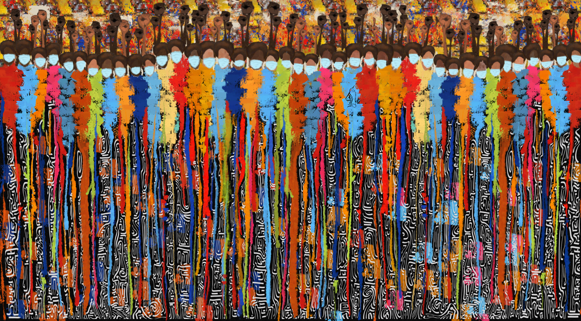 Abstract digital artwork depicting a large group of figures wearing face masks, with multicolored vertical streaks and intricate black-and-white patterns at the bottom.