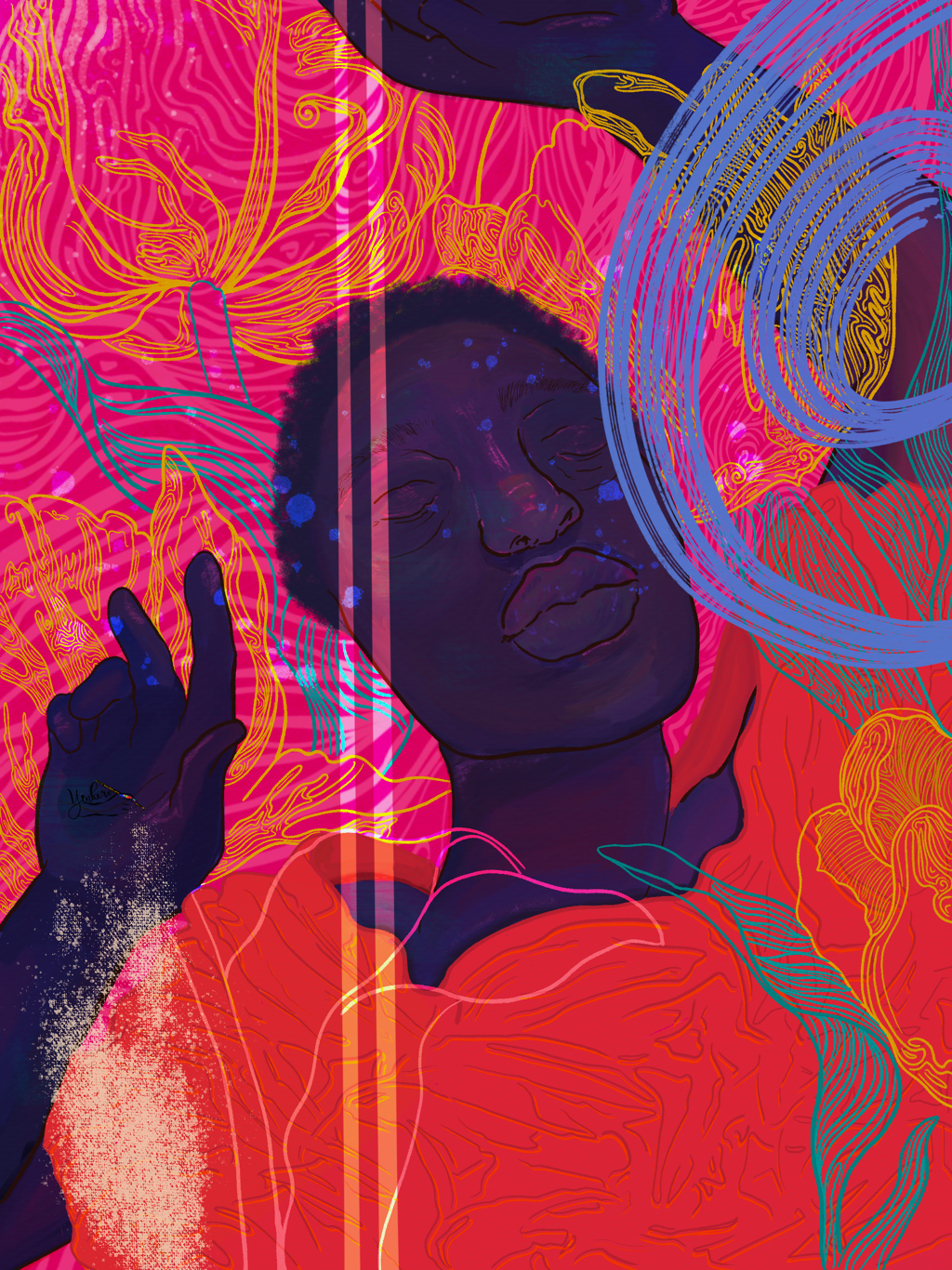 An abstract digital artwork featuring a dark-skinned person with closed eyes, holding a flower with glowing yellow outlines, set against a background of vibrant pink, red, and blue swirling lines and floral patterns.