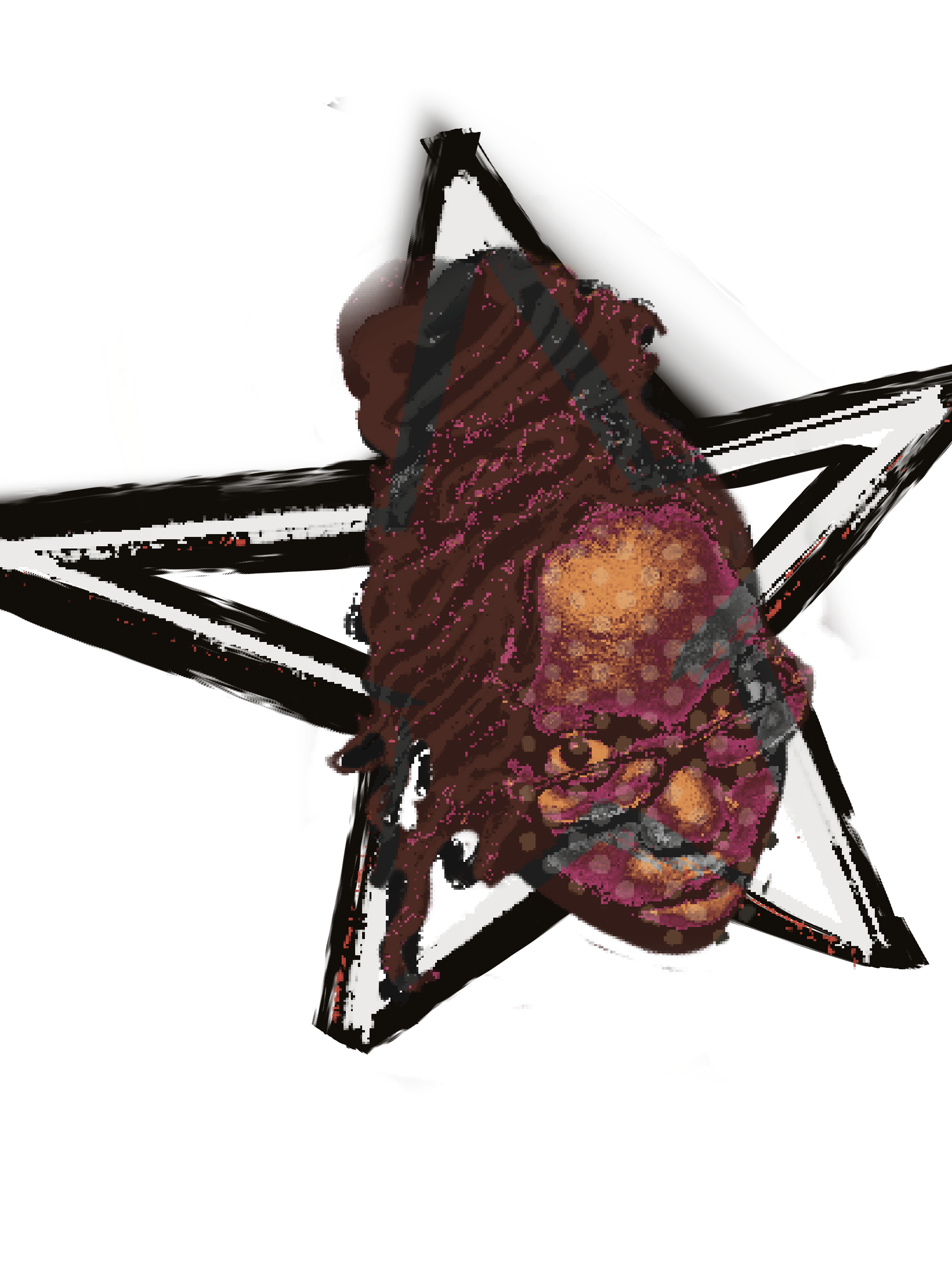 Digital art featuring a person's face with dreadlocks, glasses, and closed eyes, set against a star-shaped background with neon accents.