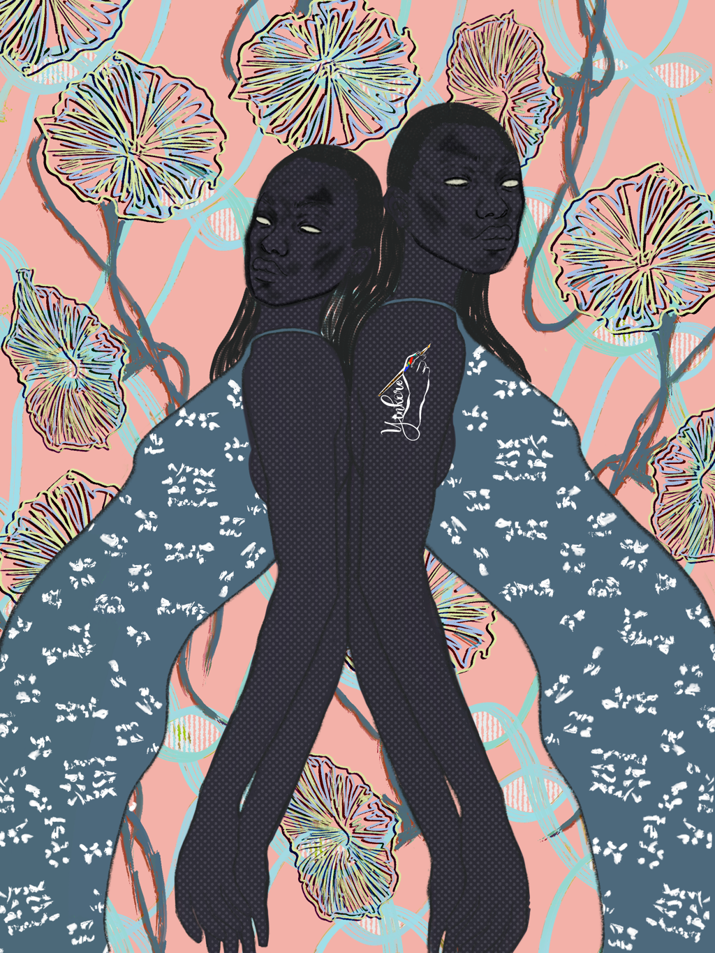 An artistic illustration of two women with dark skin and long hair, standing closely together. The background features pastel pink with colorful, abstract floral patterns. The women wear patterned clothing, and one has a signature on her shoulder.