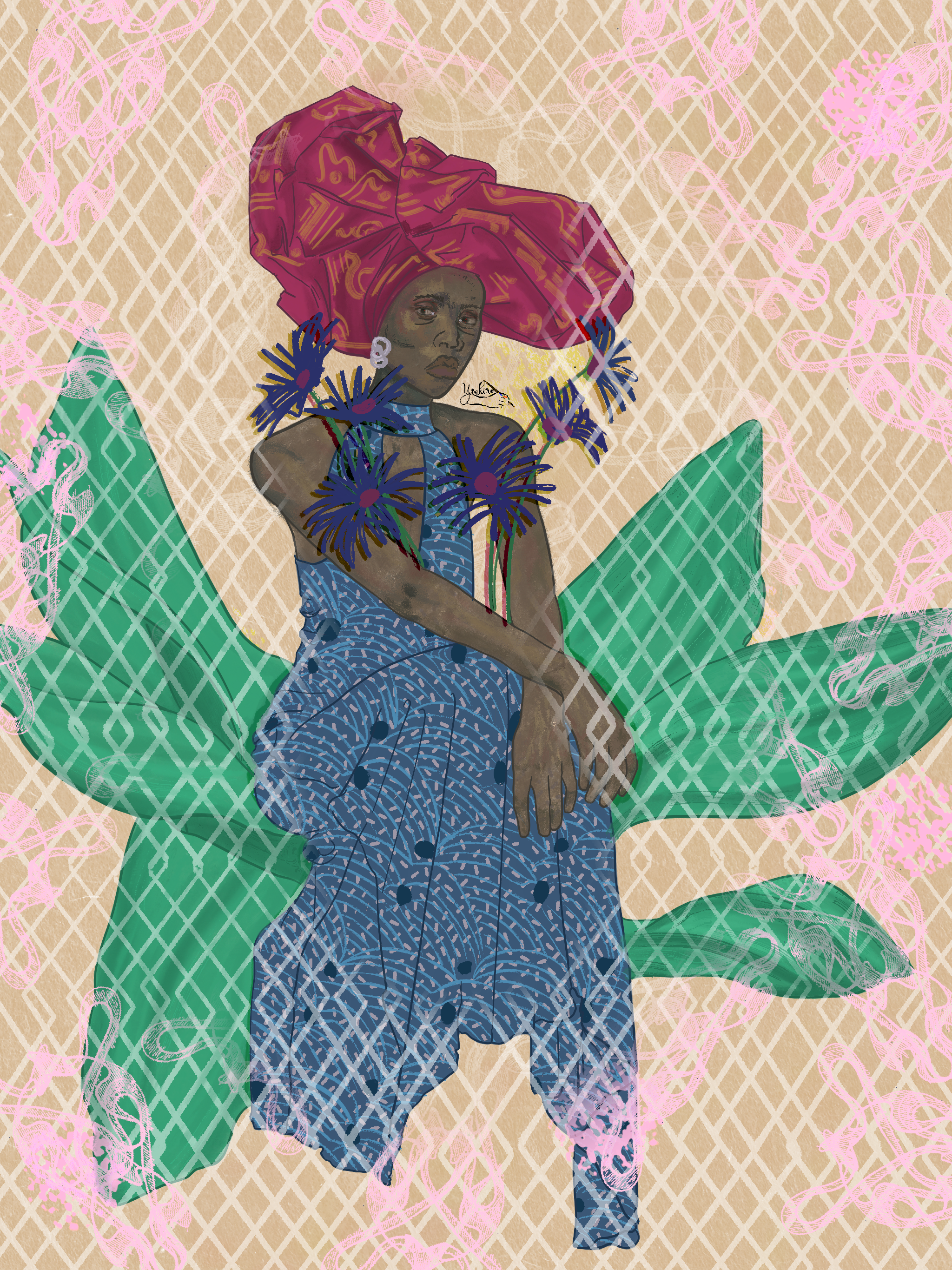 An artistic illustration of a woman with dark skin, wearing a large red headwrap, a blue patterned dress, and jewelry, standing with arms crossed in front of a green diamond-shaped leaf. The background features a beige lattice pattern with pink swirling lines.