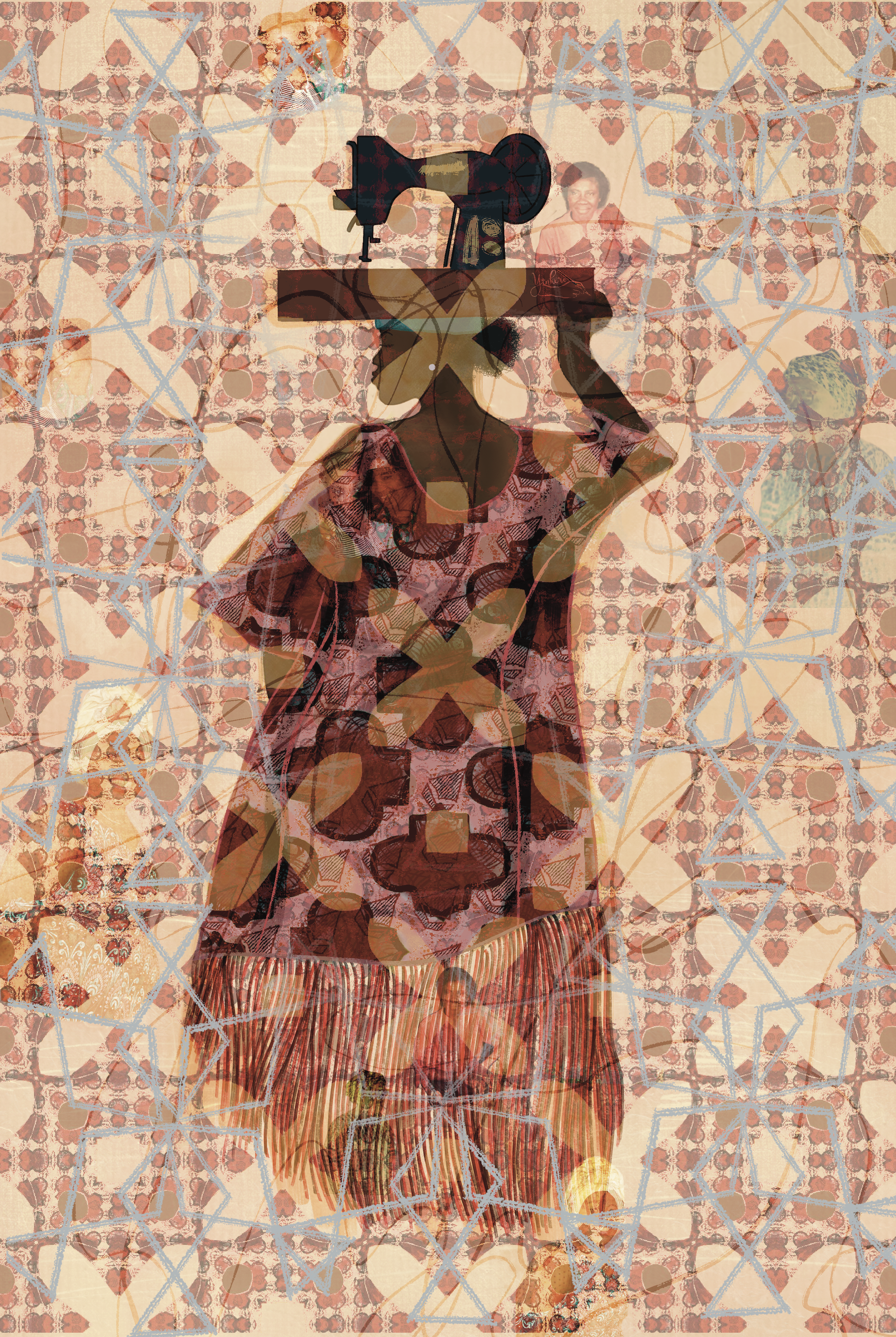 A multi-layered, artistic collage featuring a woman in a patterned dress with fringe, holding a vintage sewing machine over her shoulder. The background has intricate geometric patterns and an overlay of an older woman smiling.