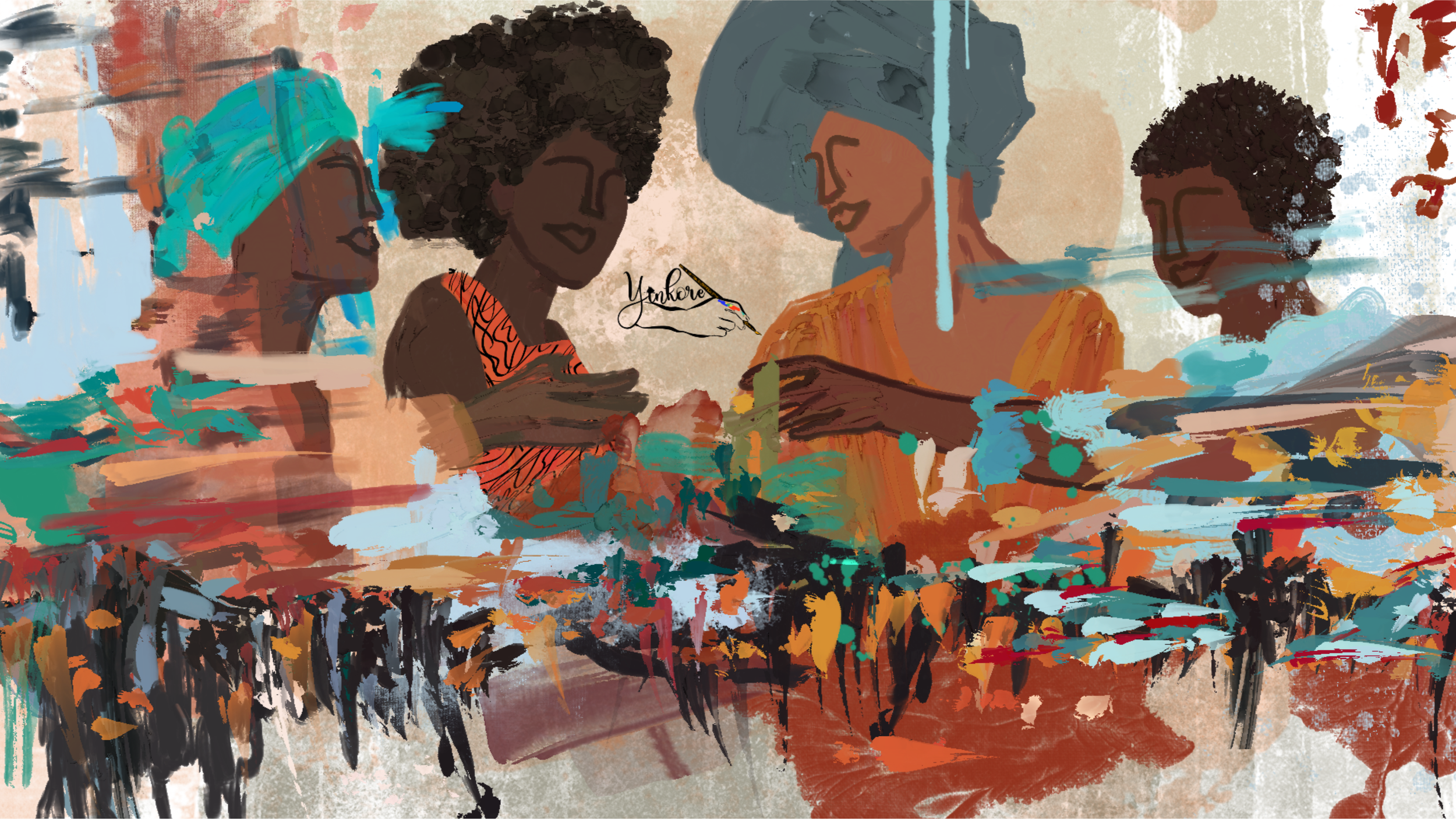 An abstract painting of four women of African descent sitting together, sharing a meal, with vibrant clothing and head wraps, in a warm, colorful setting.