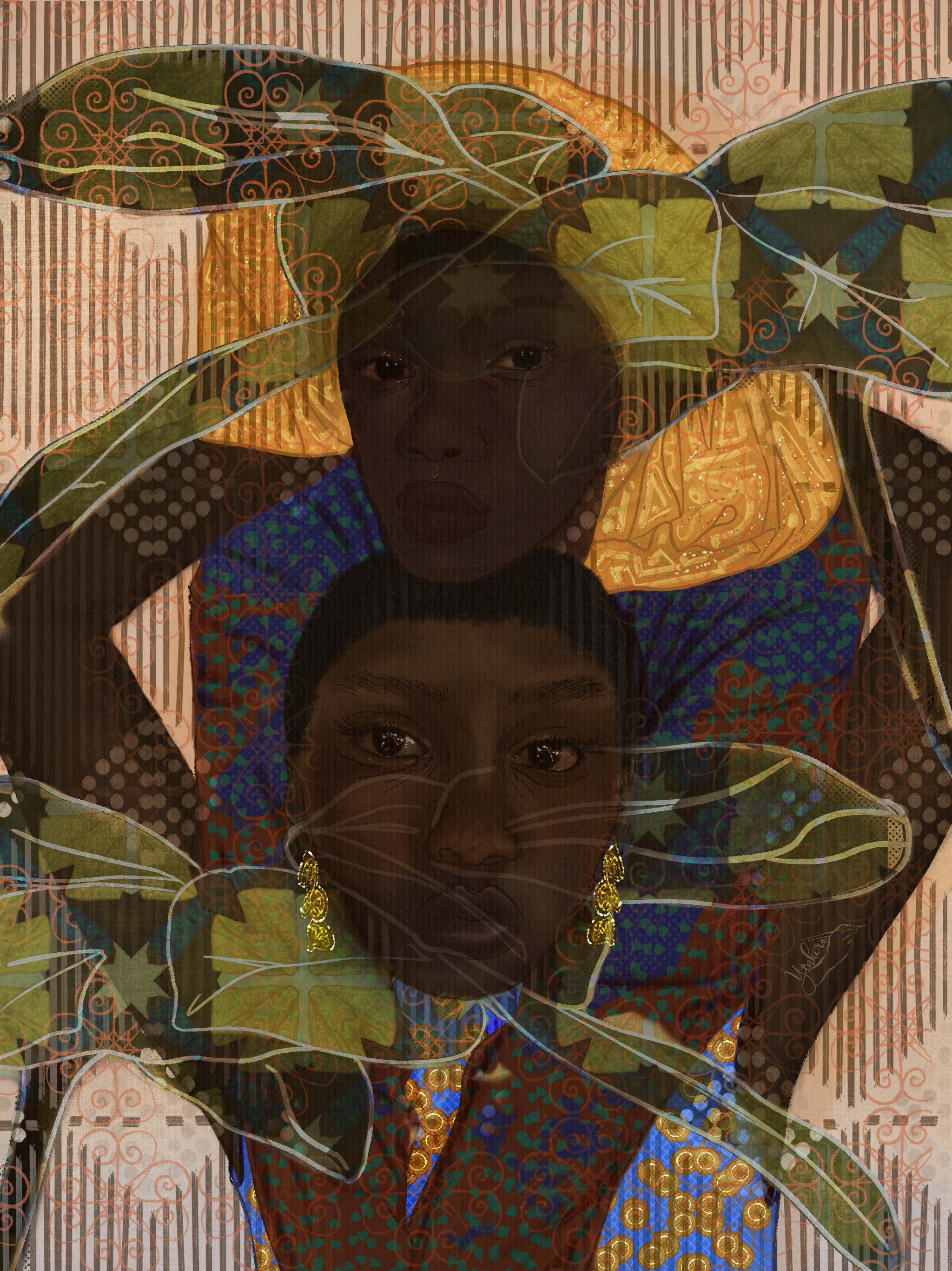 Portrait of two women, one standing behind the other, surrounded by large stylized leaves and intricate patterns in the background, with warm colors and detailed ornamentation.