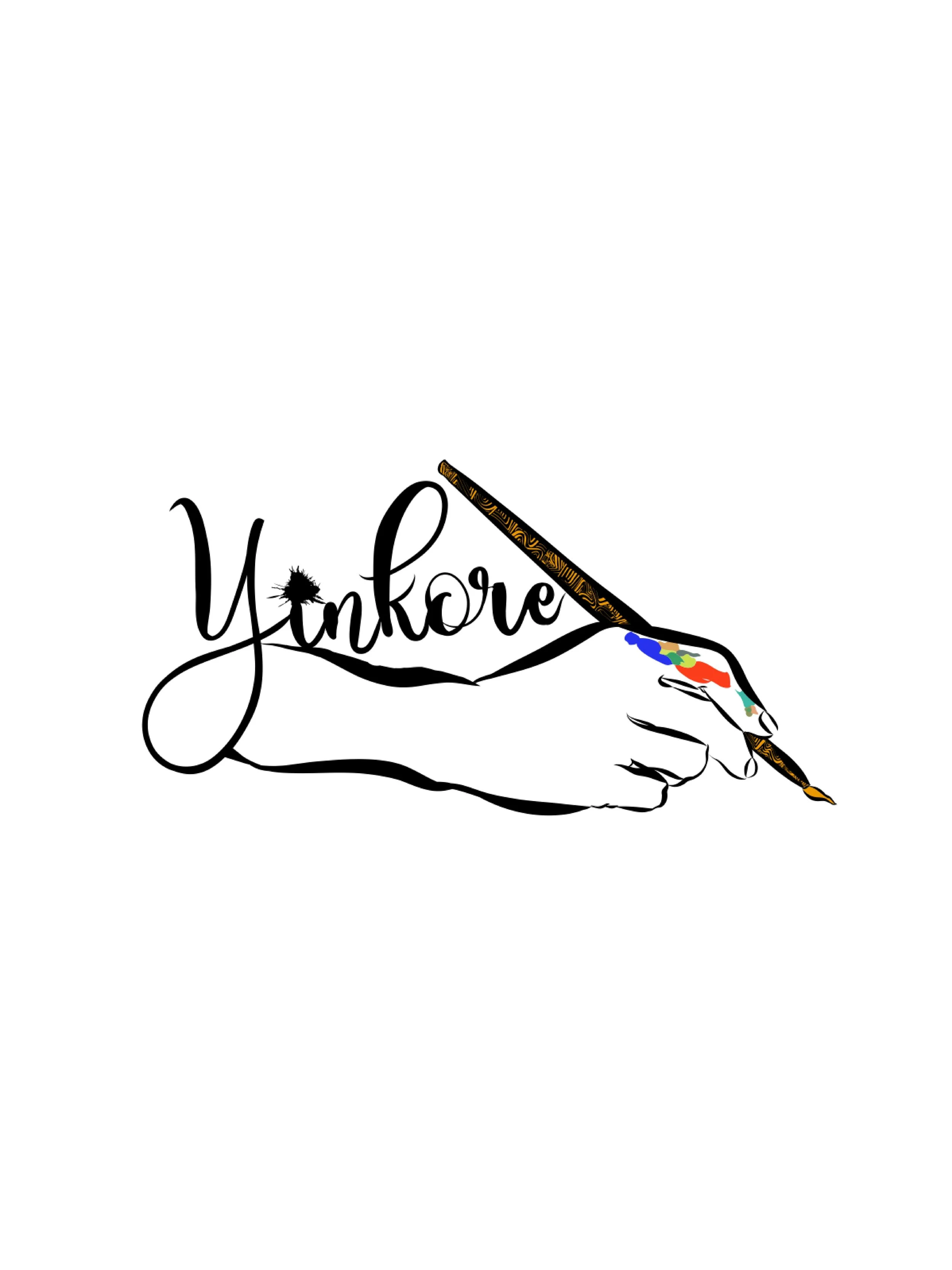A hand drawing the word "Yinkore" with a fountain pen, with colorful paint on the fingers, and the pen is decorated with intricate gold patterns.