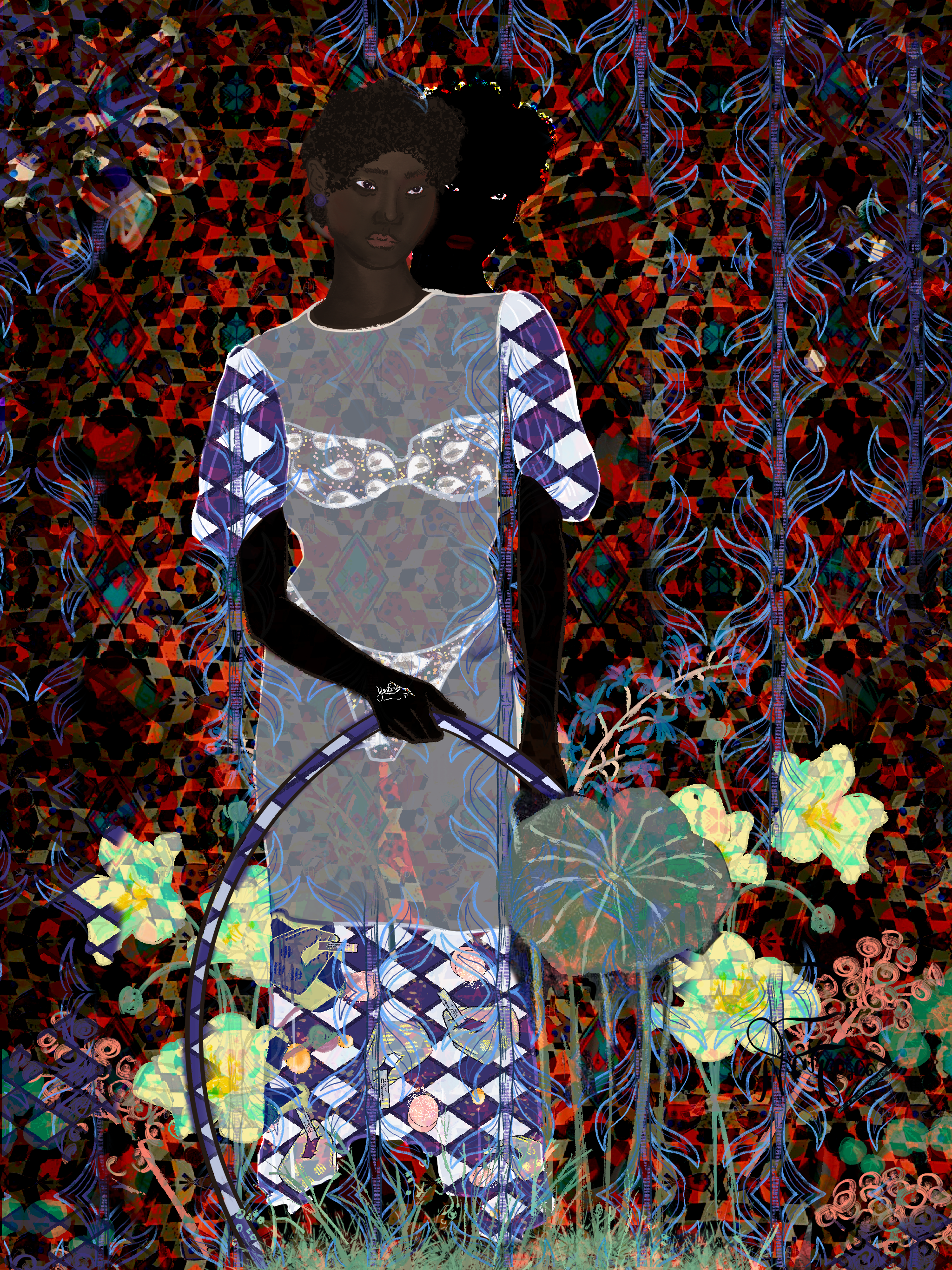 A woman with dark skin and curly hair stands in front of a colorful, intricate patterned background. She is holding a mirror and is surrounded by brightly colored flowers and plant motifs.