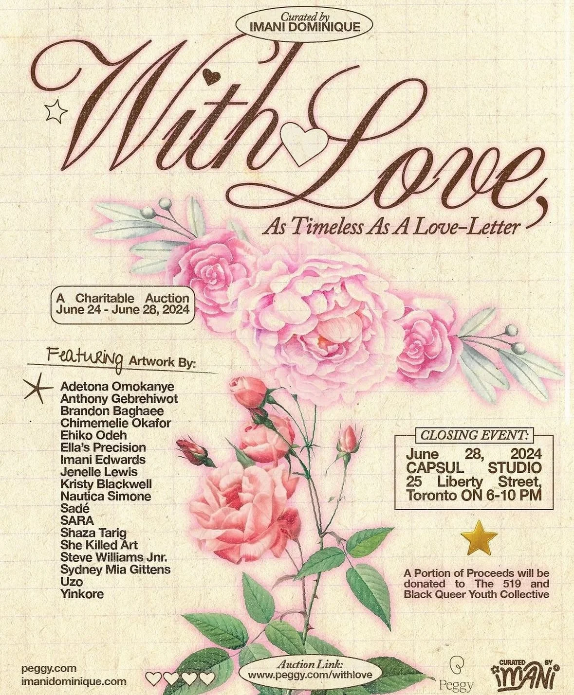 A promotional poster for a charity auction called "With Love: As Timeless As A Love Letter," curated by Imani Dominique. The poster features a watercolor illustration of pink roses and outlines details of the event, including dates, location, artwork contributors, and a note about donation proceeds.