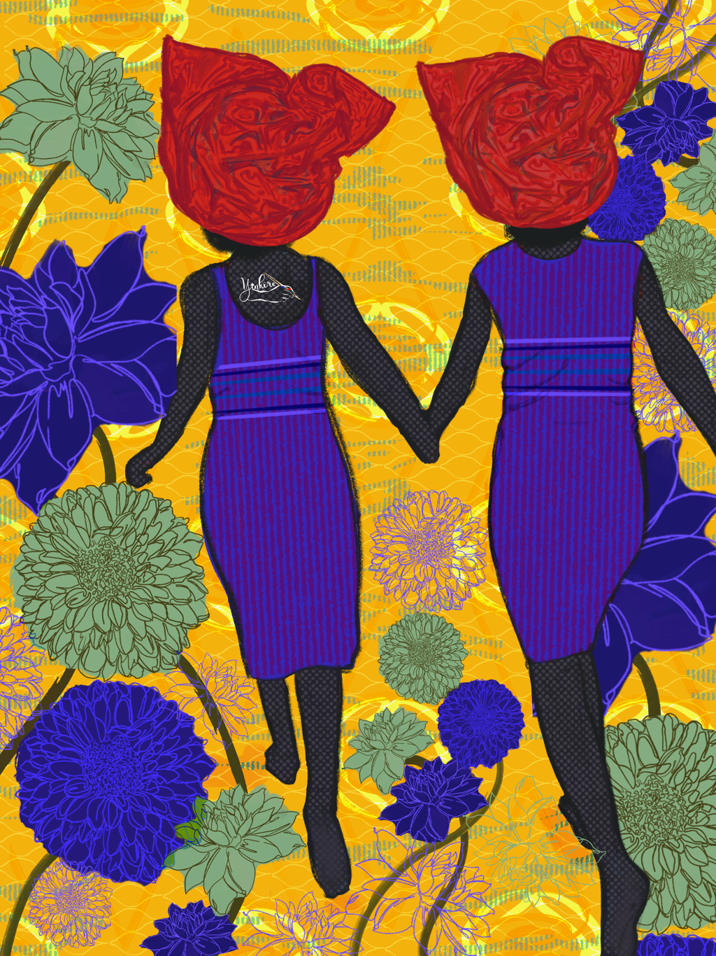 Two women with large red head wraps, wearing purple and blue striped dresses, holding hands, walking through a colorful floral background with yellow, green, purple, and blue flowers.