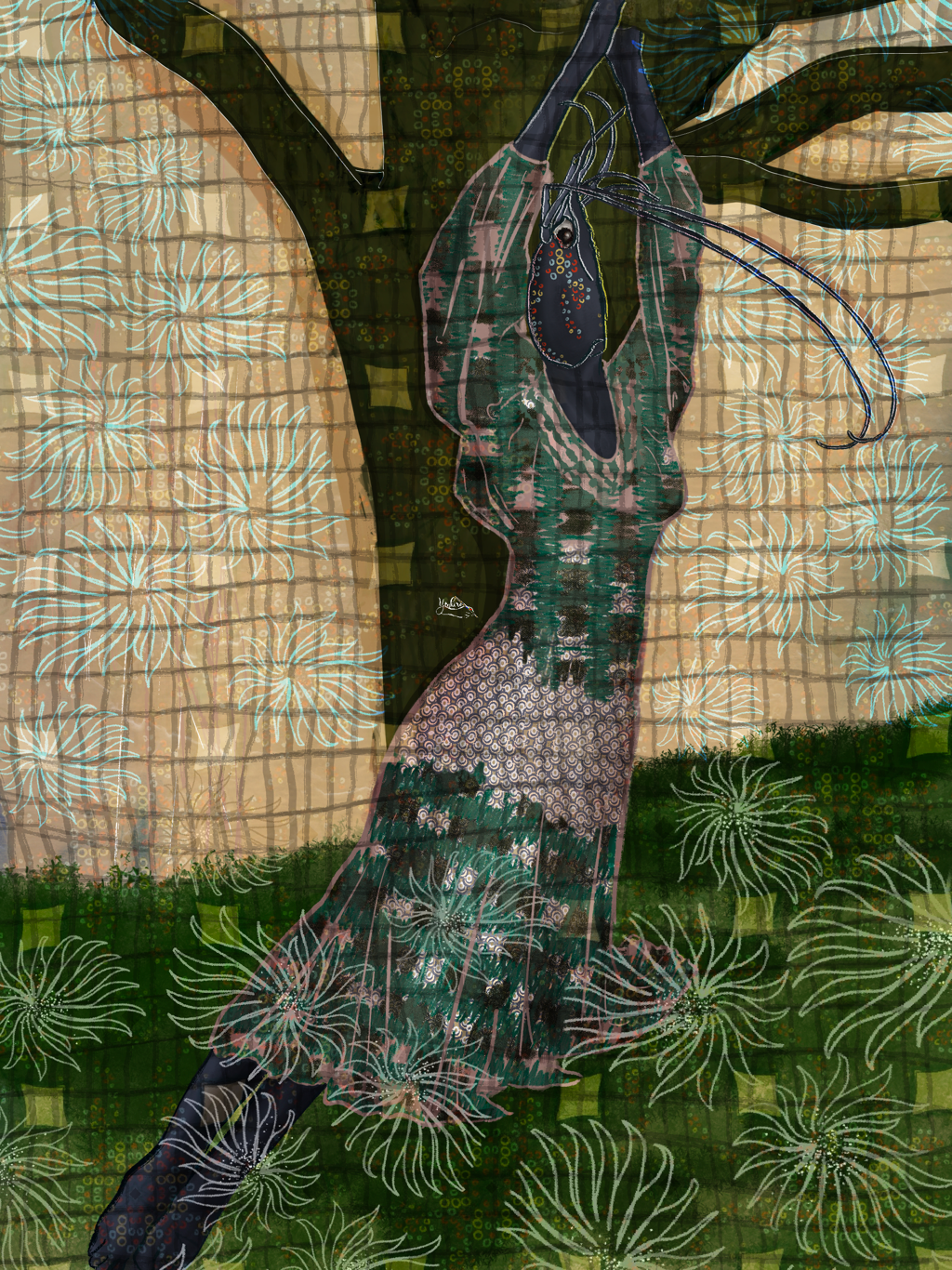 Stylized illustration of a hand holding a small black fish with colorful spots, set against a patterned background of flowers and geometric shapes.