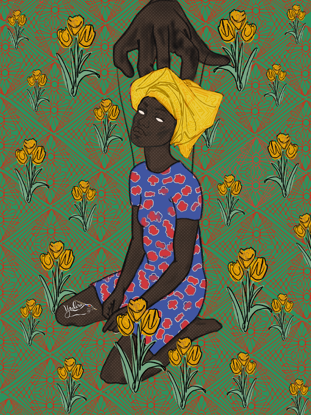 An illustration of a woman with dark skin sitting among yellow flowers. She has a yellow headwrap, a blue dress with red and cream pattern, and a hand is reaching down to her forehead. The background features a geometric pattern with red and green lines.