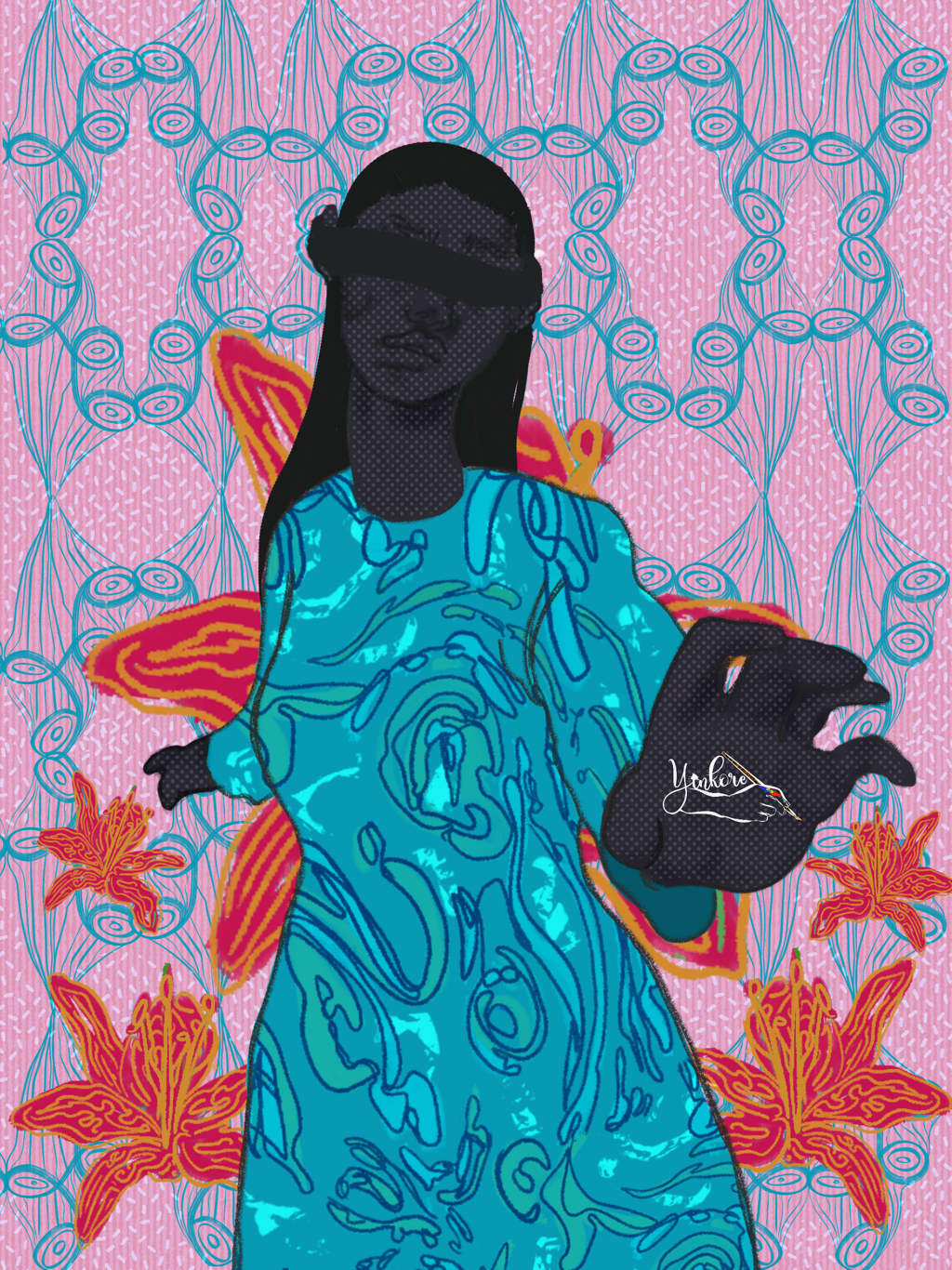 A digital artwork of a woman with dark skin and long hair, wearing a blue patterned dress, holds a black panther mask, with colorful abstract and floral patterns in the background.