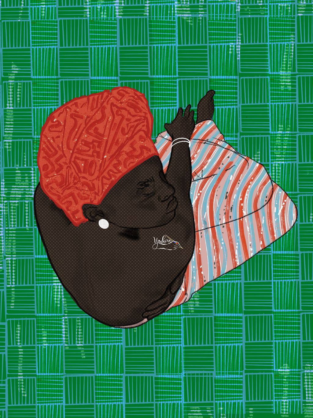 A woman with dark skin, wearing a red headscarf and earrings, is sleeping on her side on a striped pillow. She is wearing a black top and an orange bracelet. The background is a green patterned surface.
