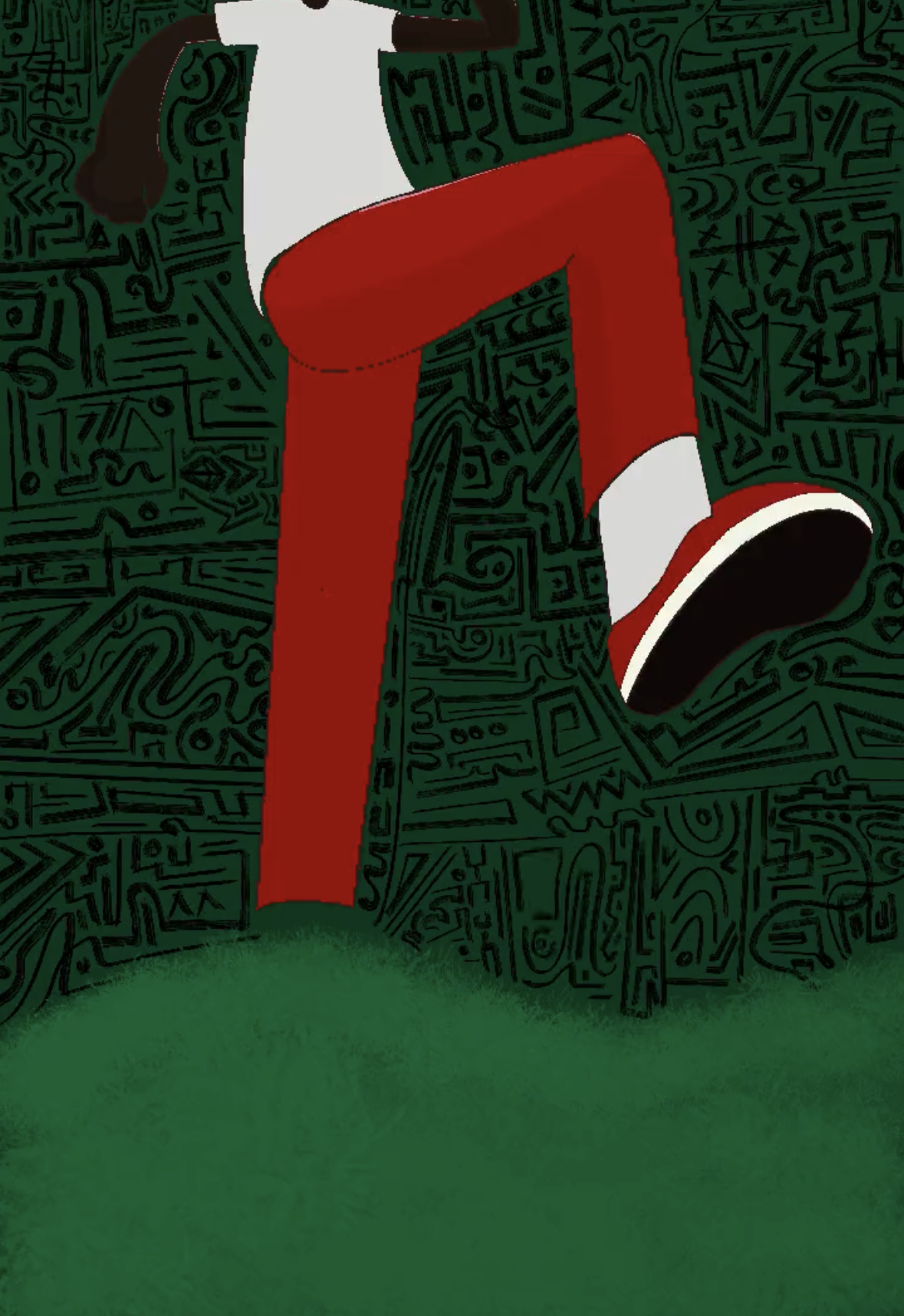 Abstract illustration of a person slipping or falling with one leg extended and the other bent, wearing red pants and red shoes, against a background of black abstract lines.