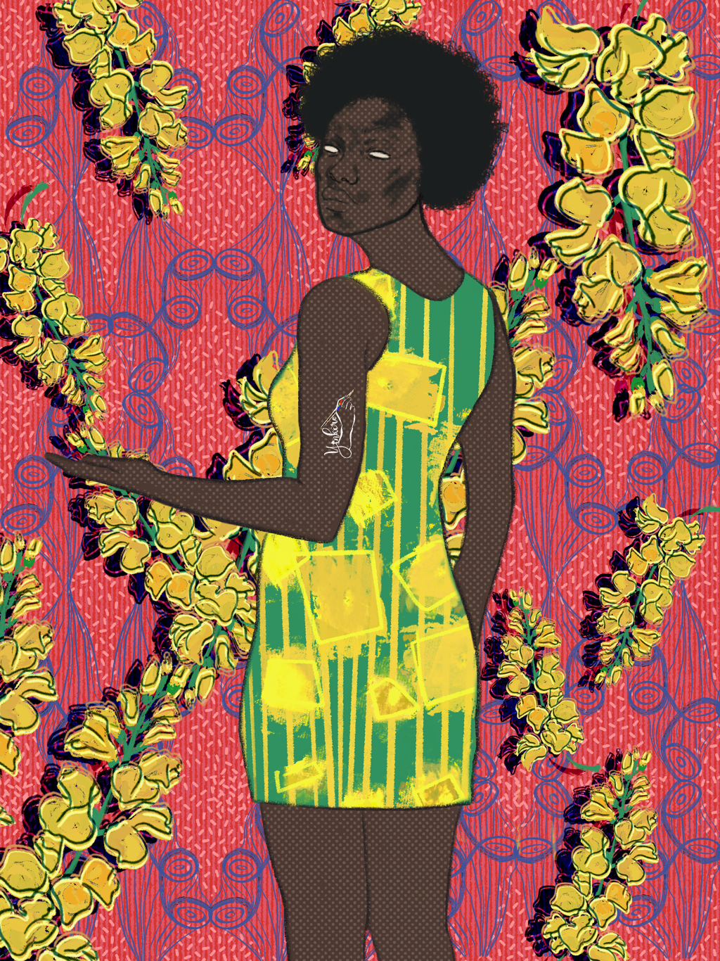 Stylized illustration of a woman with dark skin and curly hair wearing a green and yellow striped dress against a pink background with yellow floral patterns and blue swirling designs.