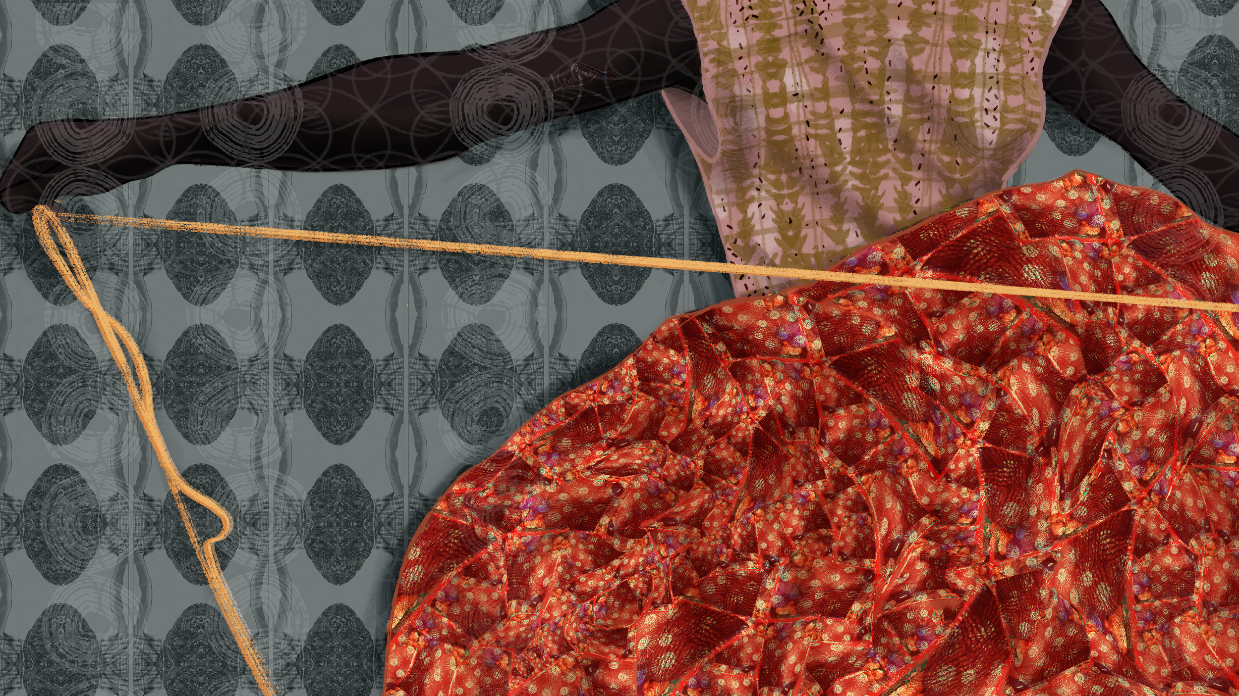 Close-up of colorful textured fabrics with an orange thread, in varying patterns and colors including red, purple, and brown, arranged on a patterned background.