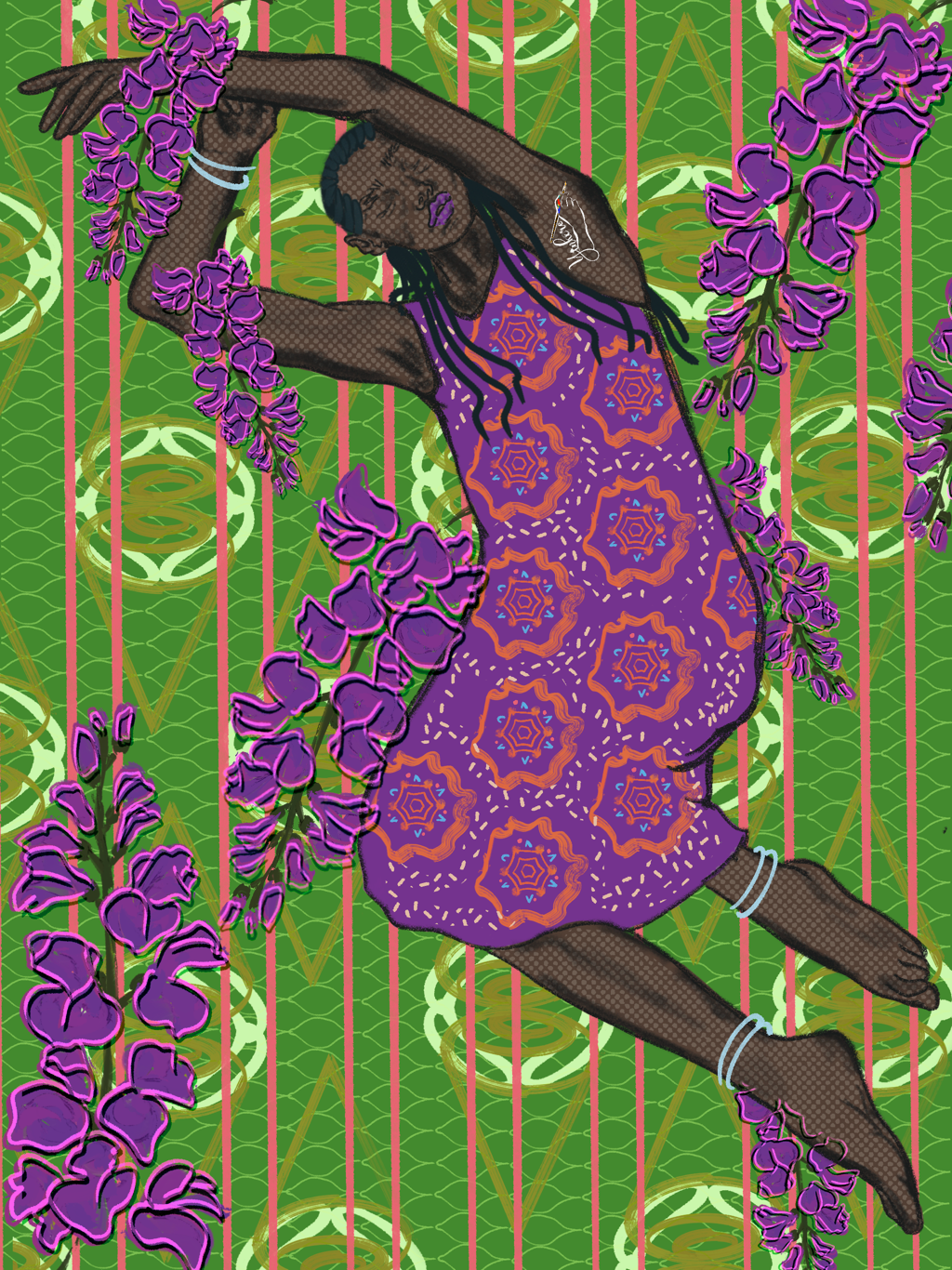 A woman with dark skin, long black braids, and colorful jewelry is lying among purple flowers with a patterned purple dress. The background features green and yellow geometric and floral designs.