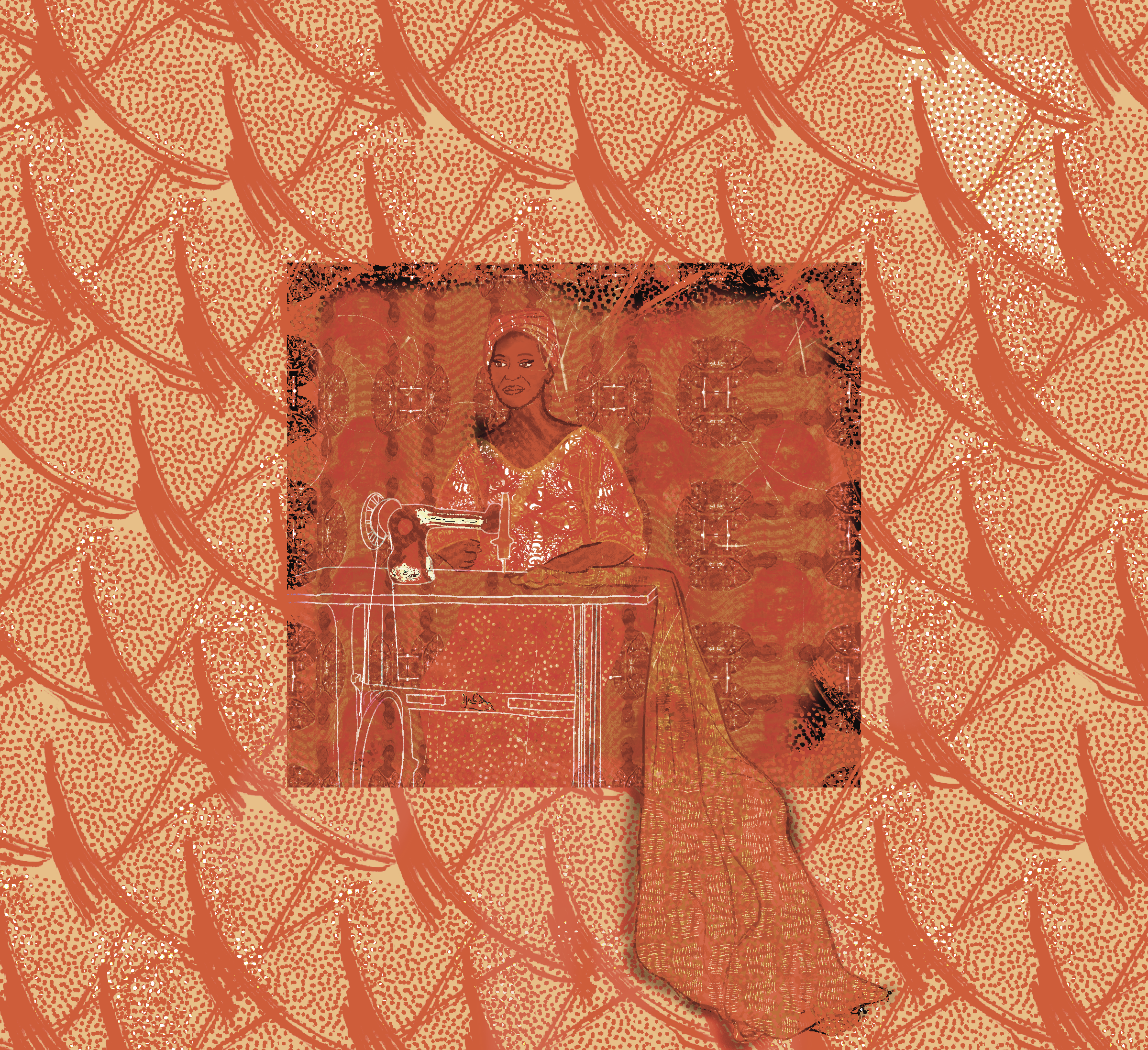 Artwork of a woman sewing on a sewing machine, with a patterned background.