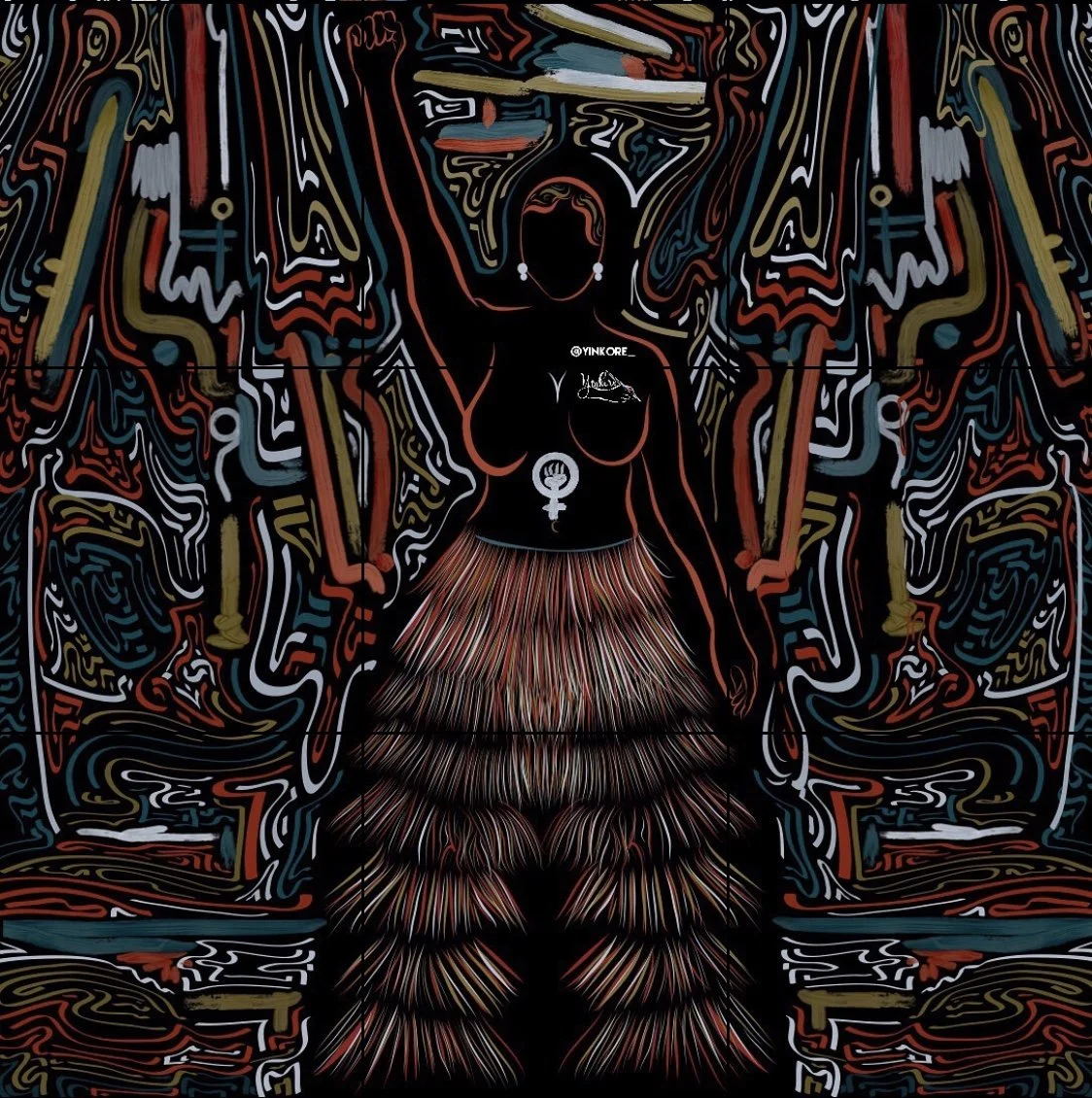 A stylized abstract digital artwork of a woman with an afro hairstyle and intricate patterned skirt, standing with arms raised and surrounded by complex, colorful lines and shapes.