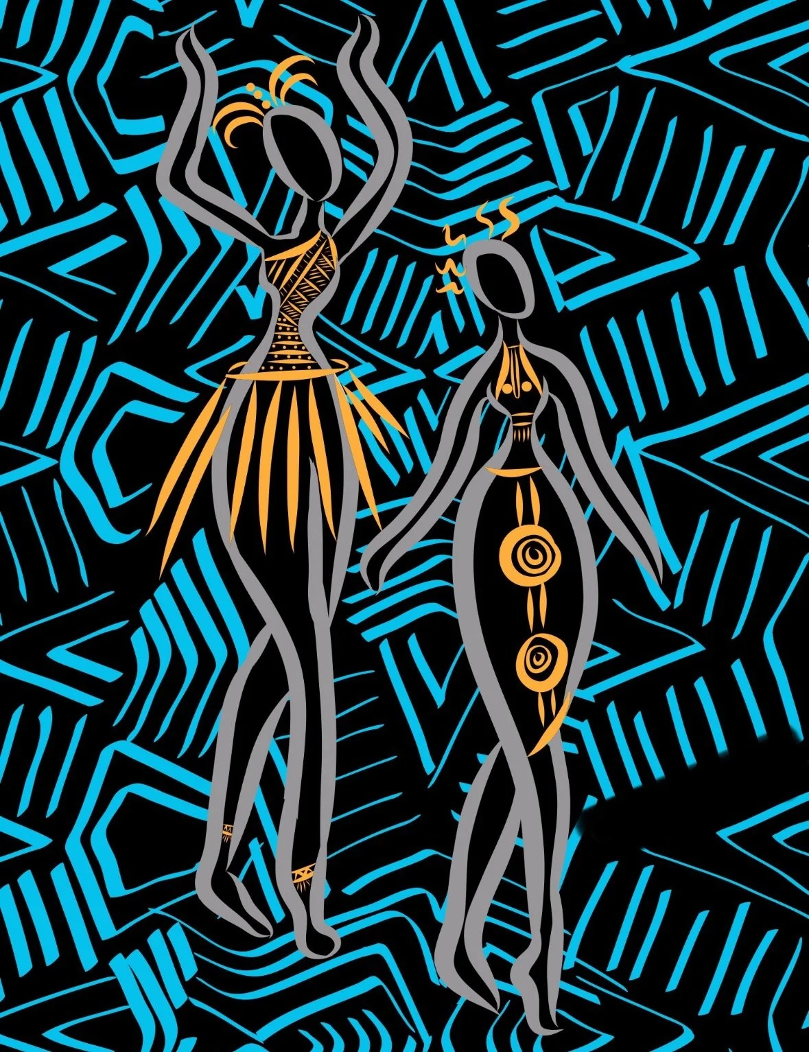 Abstract digital art of two stylized women with curvy gray outlines, decorated in orange and black tribal patterns, set against a complex background of blue and black geometric lines and shapes.