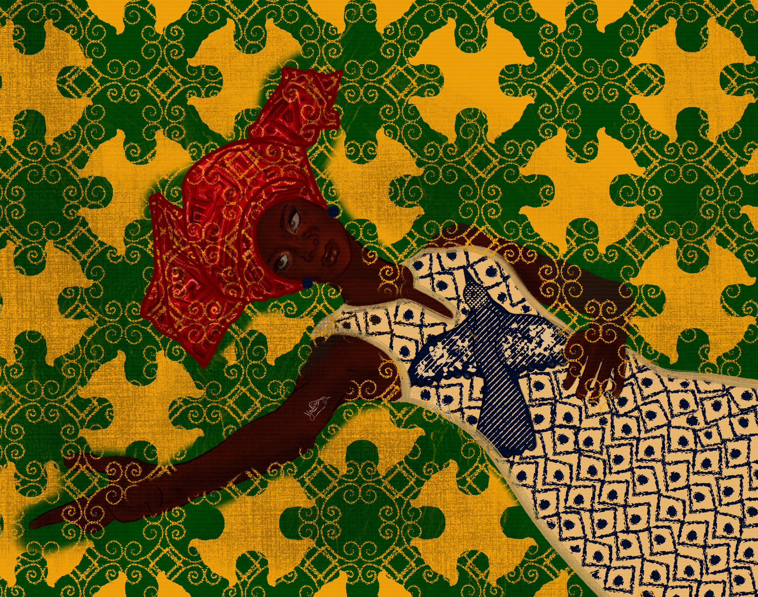 A woman with dark skin and long dark hair lying on a patterned yellow and green background, wearing a large red hat and a dress with blue geometric patterns.