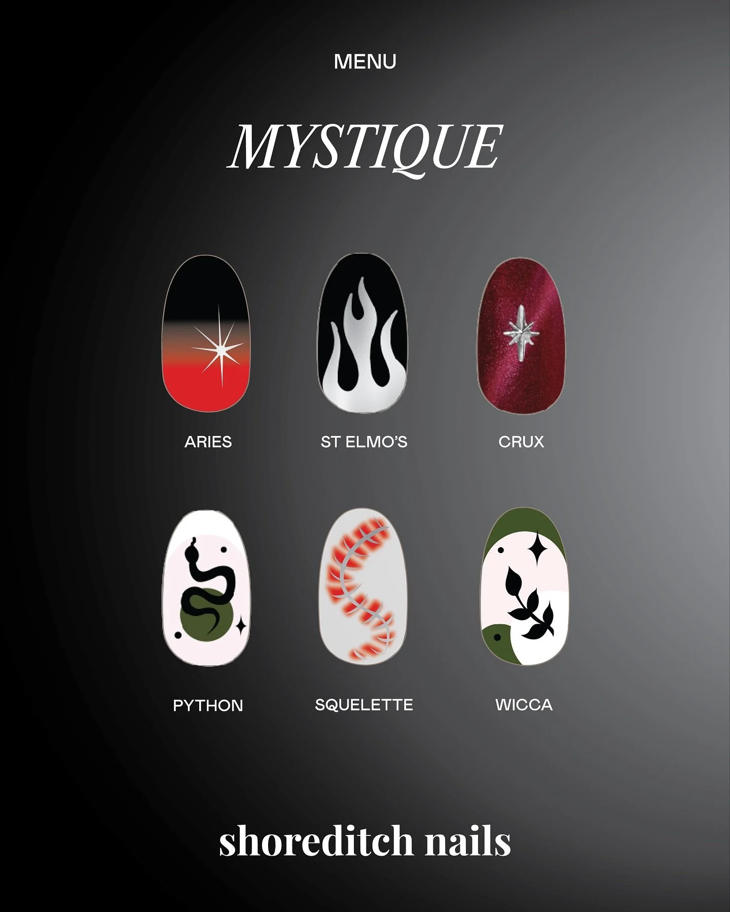 Introducing Mystique, our limited-edition Halloween Nail Art menu 👻

This season, treat your nails to gothic-inspired designs that go beyond the ordinary, crafted to mesmerise and make heads turn. Available until the 1st of November 🖤

#shoreditchn