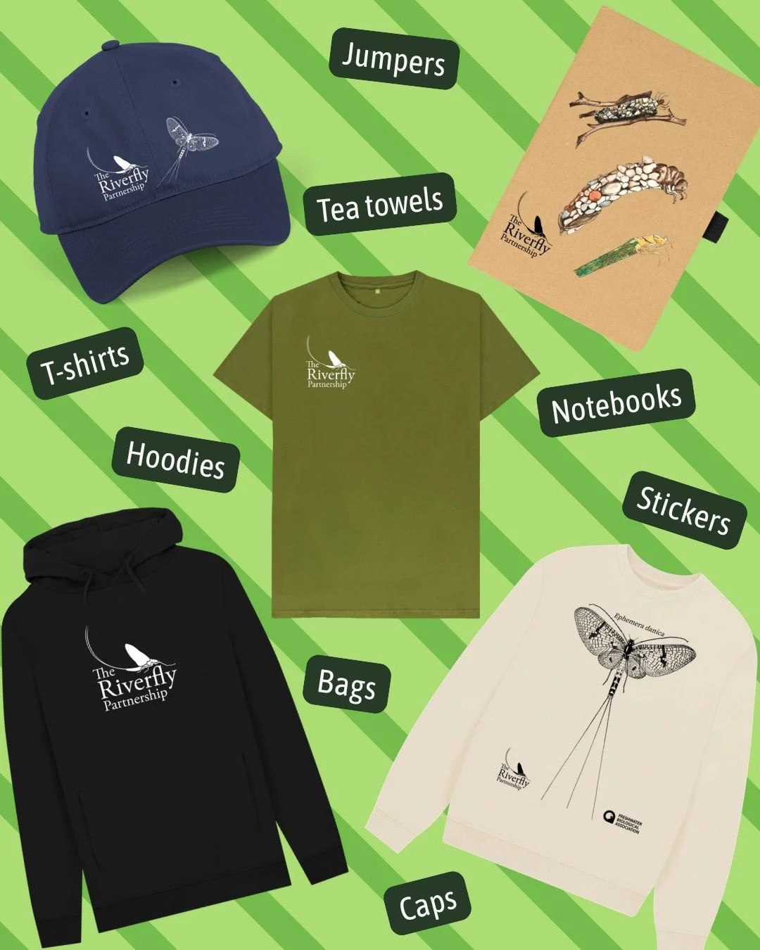 We've got a whole range of Riverfly-themed products at riverflies.teemill.com 👕🧢📔

If you'd like to support our work, buy some sustainable goods, and represent the Riverfly Partnership while you're out and about, then check out our online store! ?