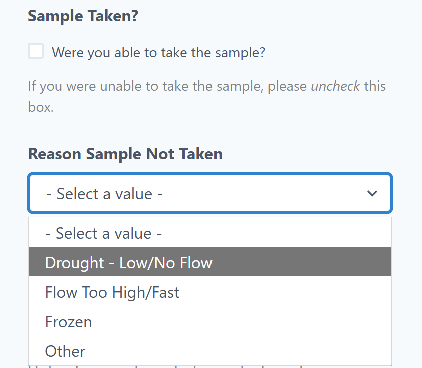Sample taken? Tick-box and drop-down menu