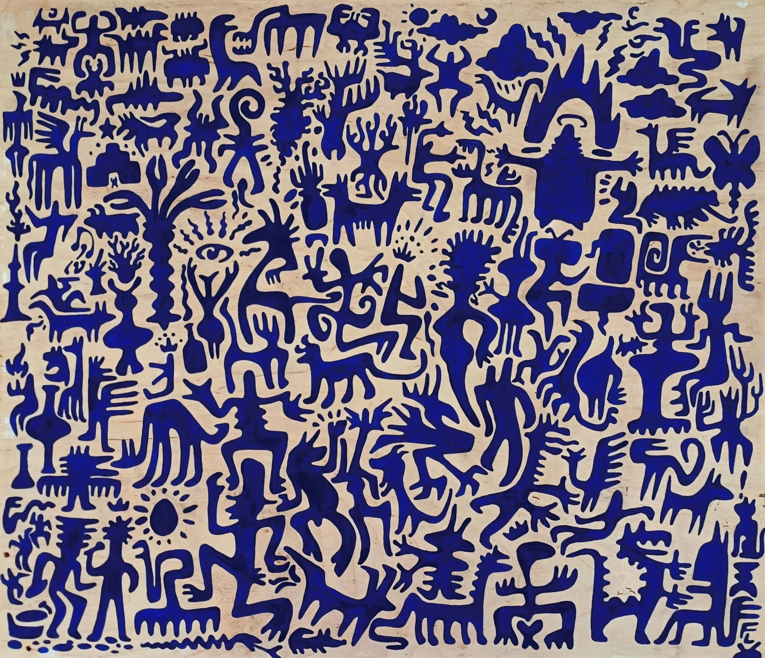 'Multitude #3' 51x43cm Acrylic on found wood (2022-3).
