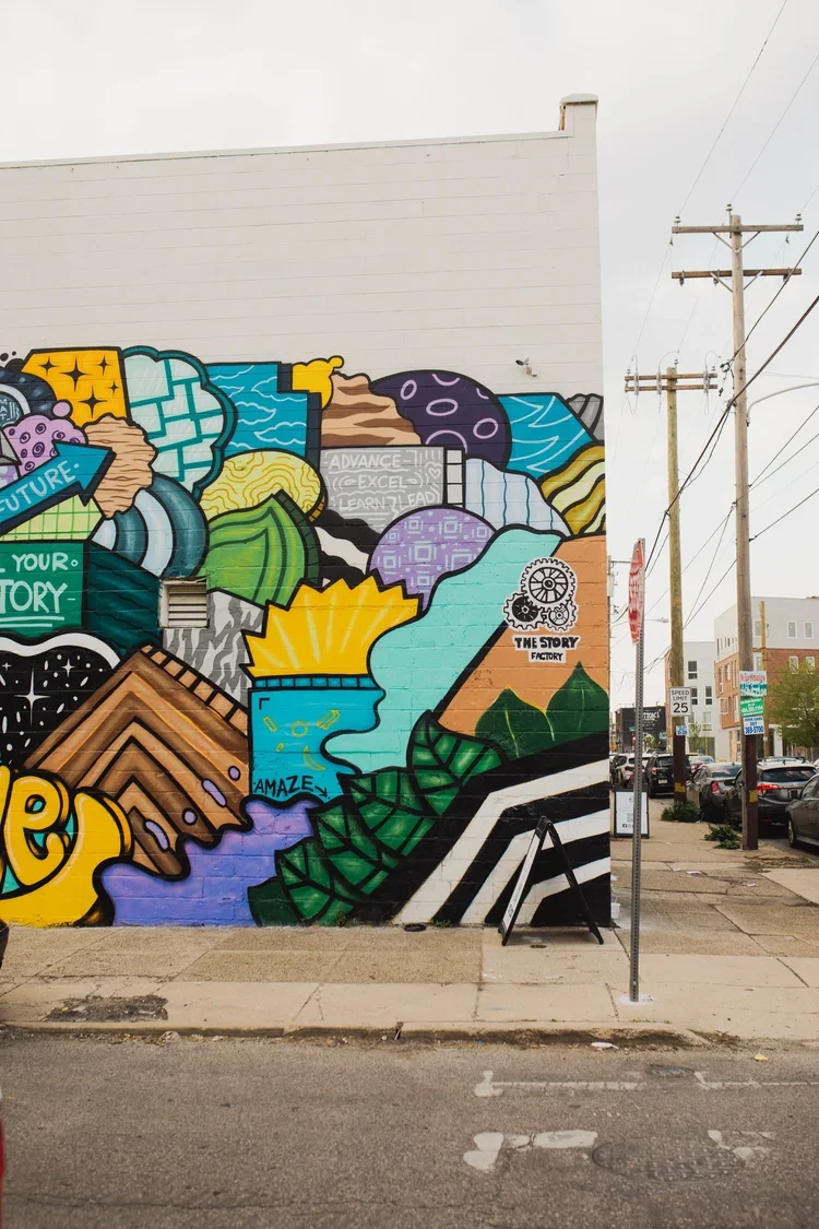 Mural outside of The Story Factory building