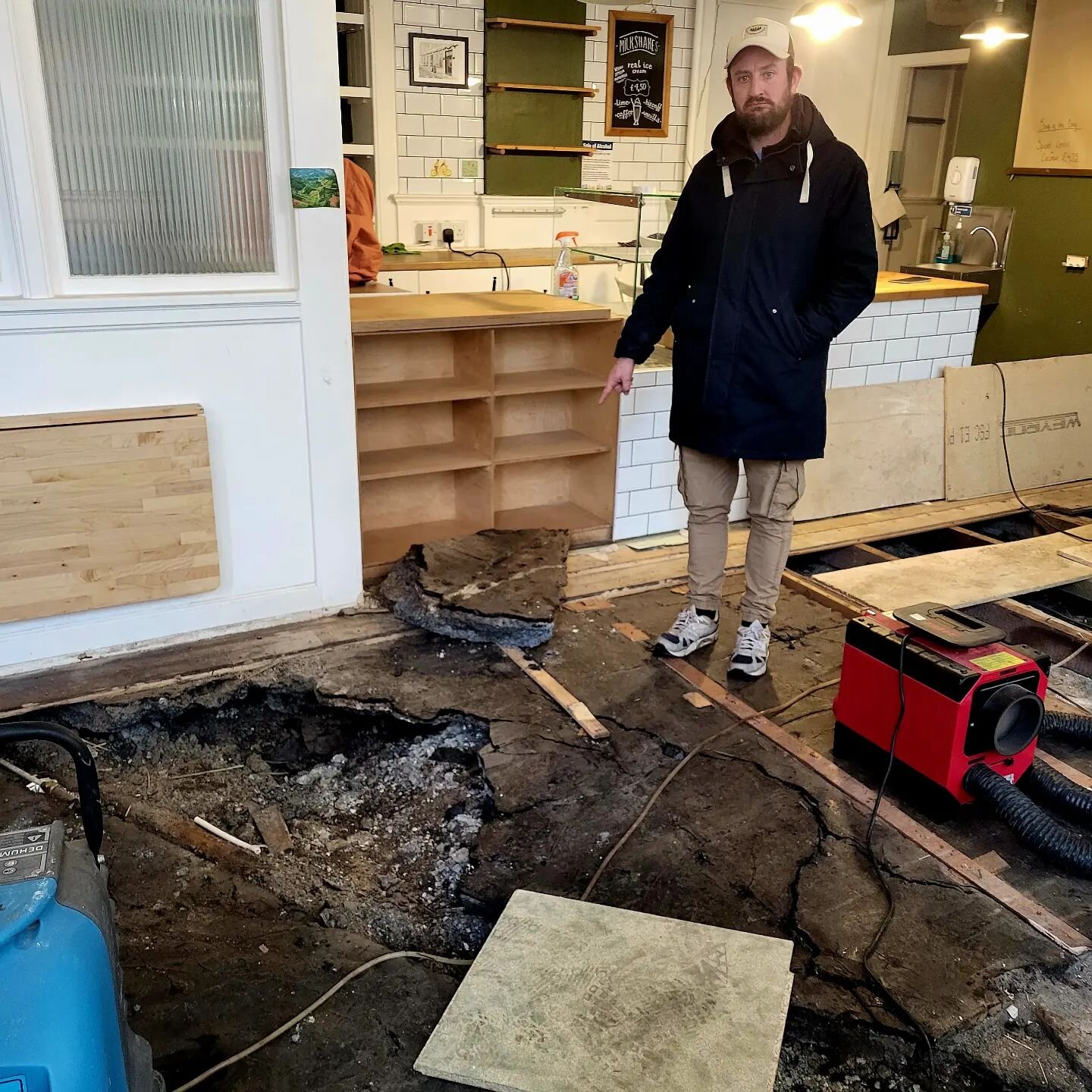 *Update*

So the floor was stripped right back to reveal monumental 'issues' with the concrete base. The water has been leaking for so long the damage beneath the floor is extensive and a far bigger job than expected.

It now means the whole space ne
