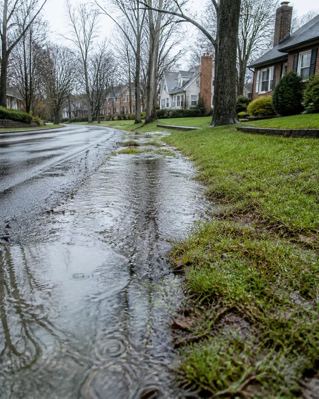 Central Ohio residential street near a creek during heavy rain
